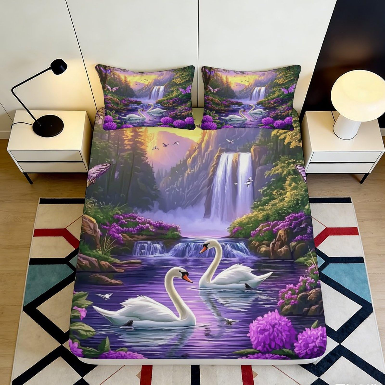 3D Printed Swan Lake Fitted Sheet Microfiber Soft Waterfall Bed Cover for Bedroom Guest Room Decor Protection 200x200x25cm