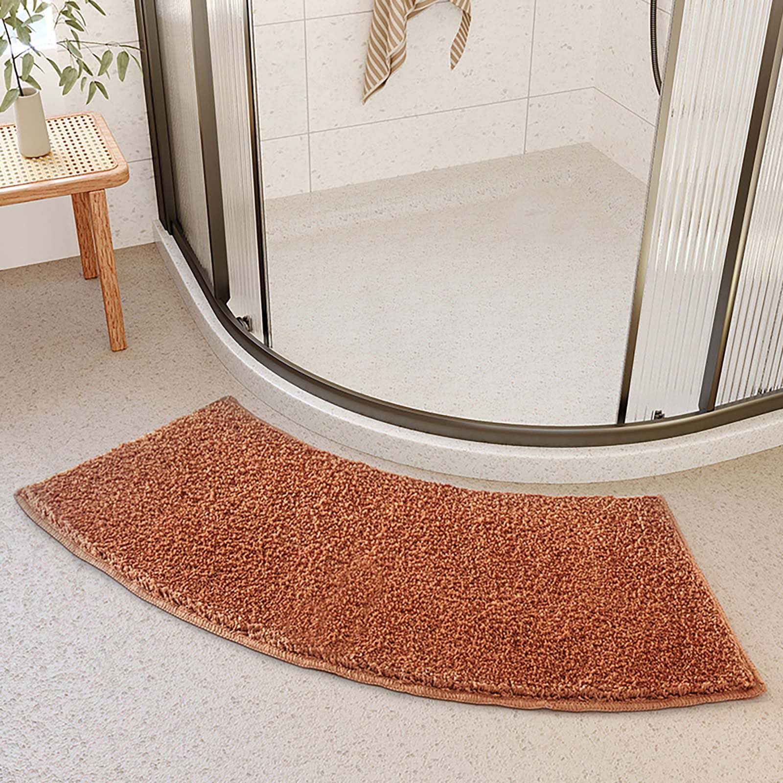 PRELGOSP Curved Bath Mat, Corner Shower Mats Microfiber and Soft, Absorbent Bathroom Anti Slip Mat,Brown