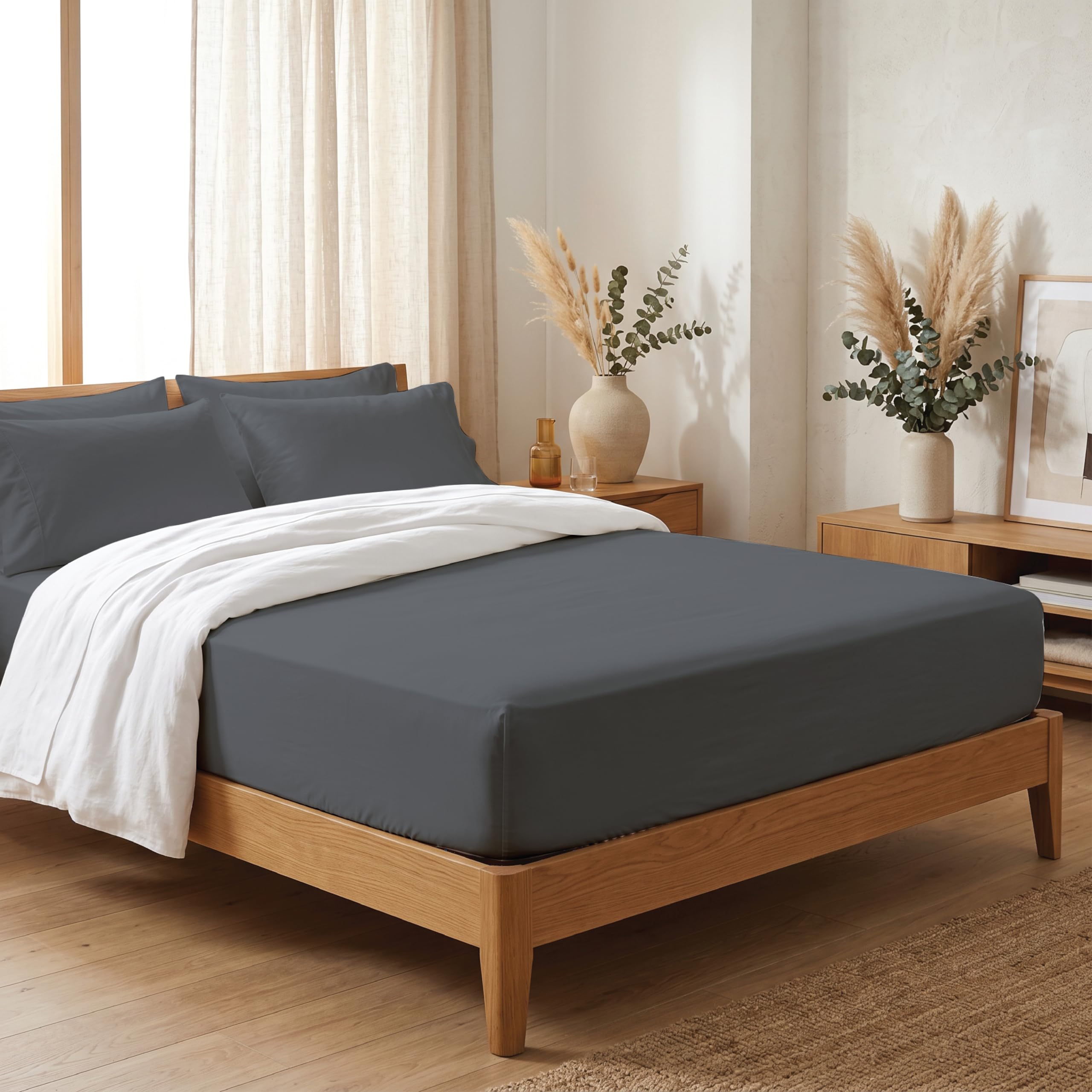 Funky Gadgets Single Fitted Sheet Charcoal Extra Deep Pocket 16 Inch (40 cm) 90 GSM Bed Sheets Soft Microfiber Fitted Sheets Shrinkage & Fade Resistant (90 x 190 cm)