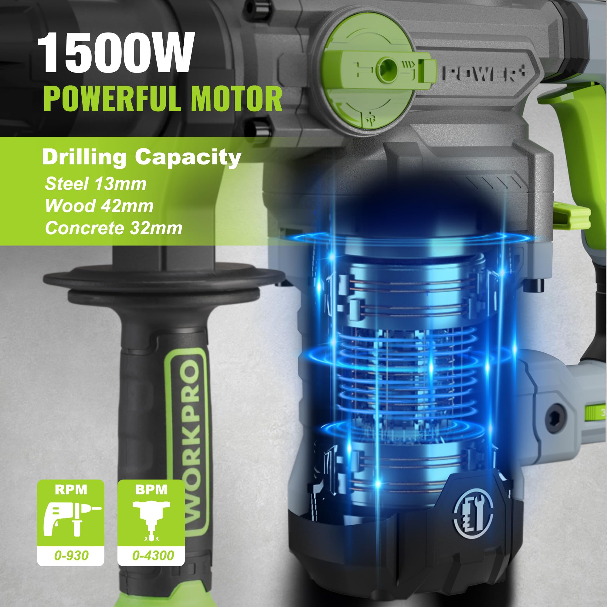 WORKPRO Martello Perforatore da 1500W, SDS Plus Mandrino, 4 Funzioni,0-930rpm,Accessori Ricchi, Adatti per la Decorazione della Casa e la Manutenzione delle Attrezzature ecc