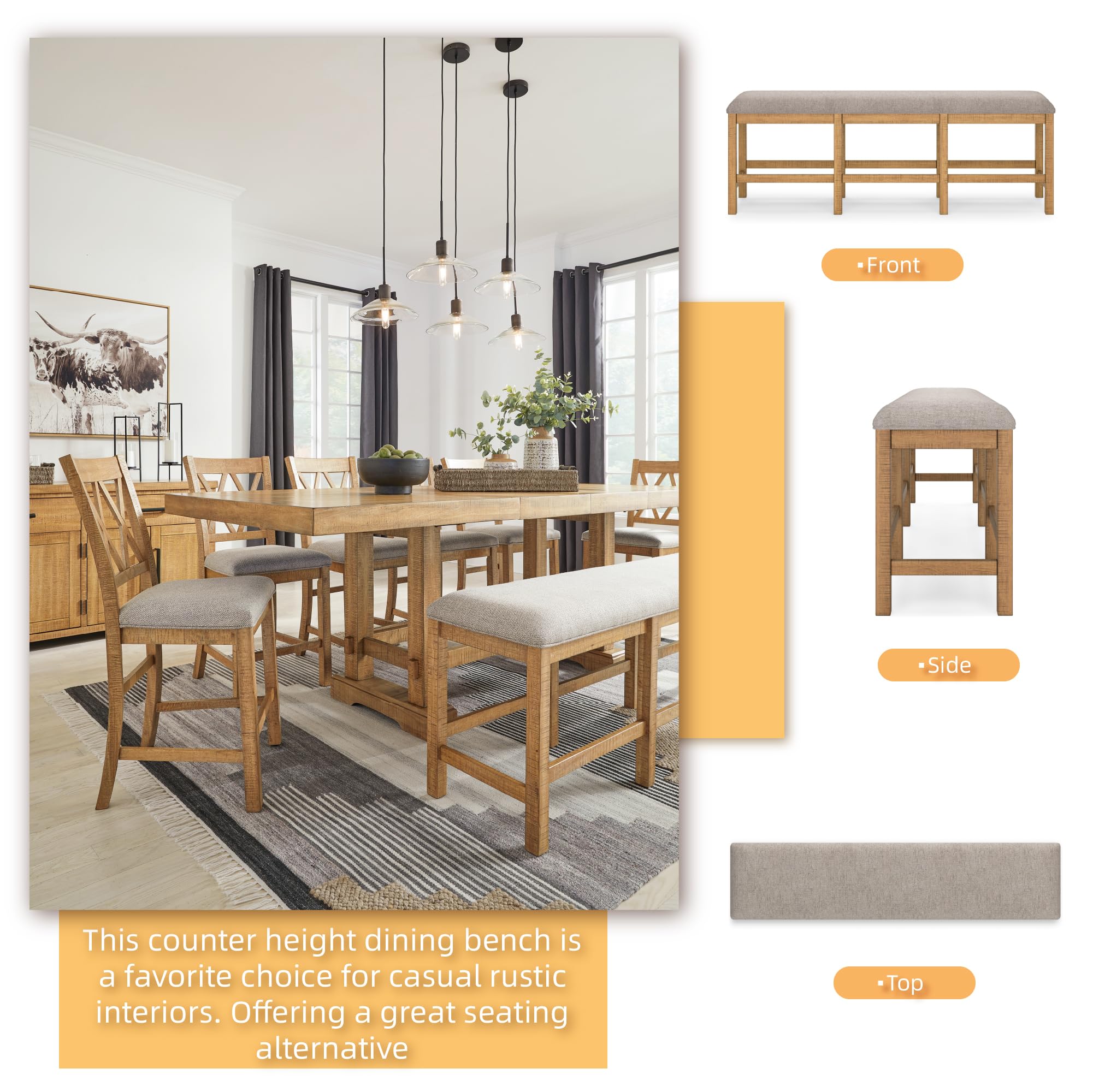 Signature Design by Ashley Havonplane Counter Height Dining Bench, 72" | Plush foam 25.6" seat, Distressed light brown pine wood frame, Seats 3 adults comfortably