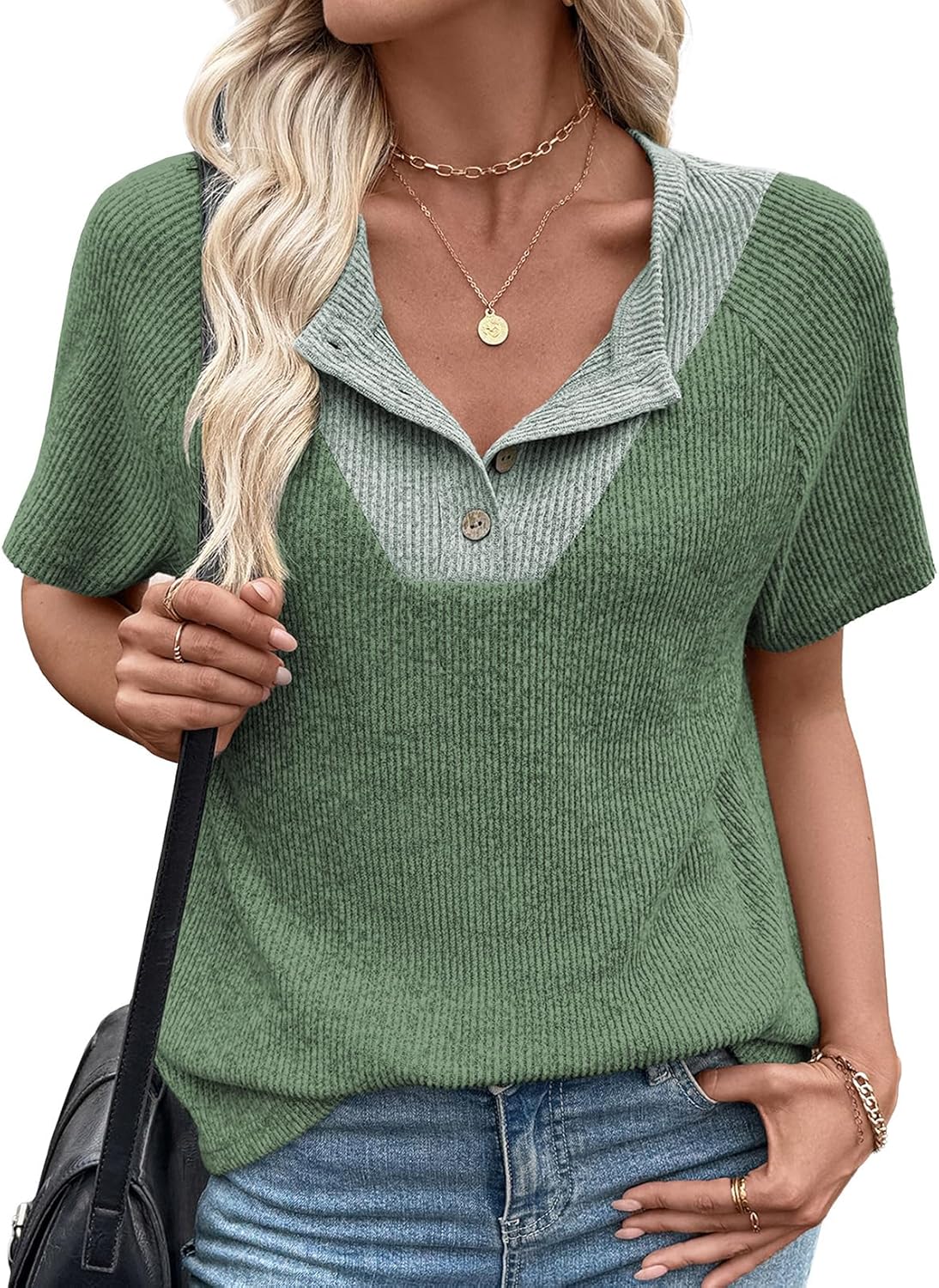 EVALESS Spring Summer Tops for Women Casual Short Sleeve T Shirts V Neck Henley Shirts Patchwork Button Up Knit Pullover Tops