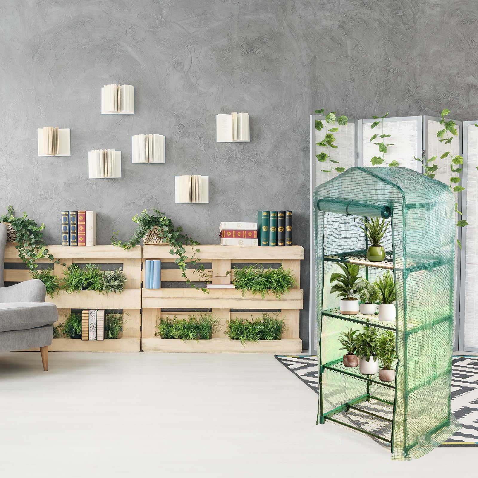 baquler 4 tier mini greenhouse indoor outdoor with 2 grow lights , 62'' h x 27'' l x 19'' w pe cover portable winter vented greenhouse with roll up zipper door gardening stand for plant seed starting