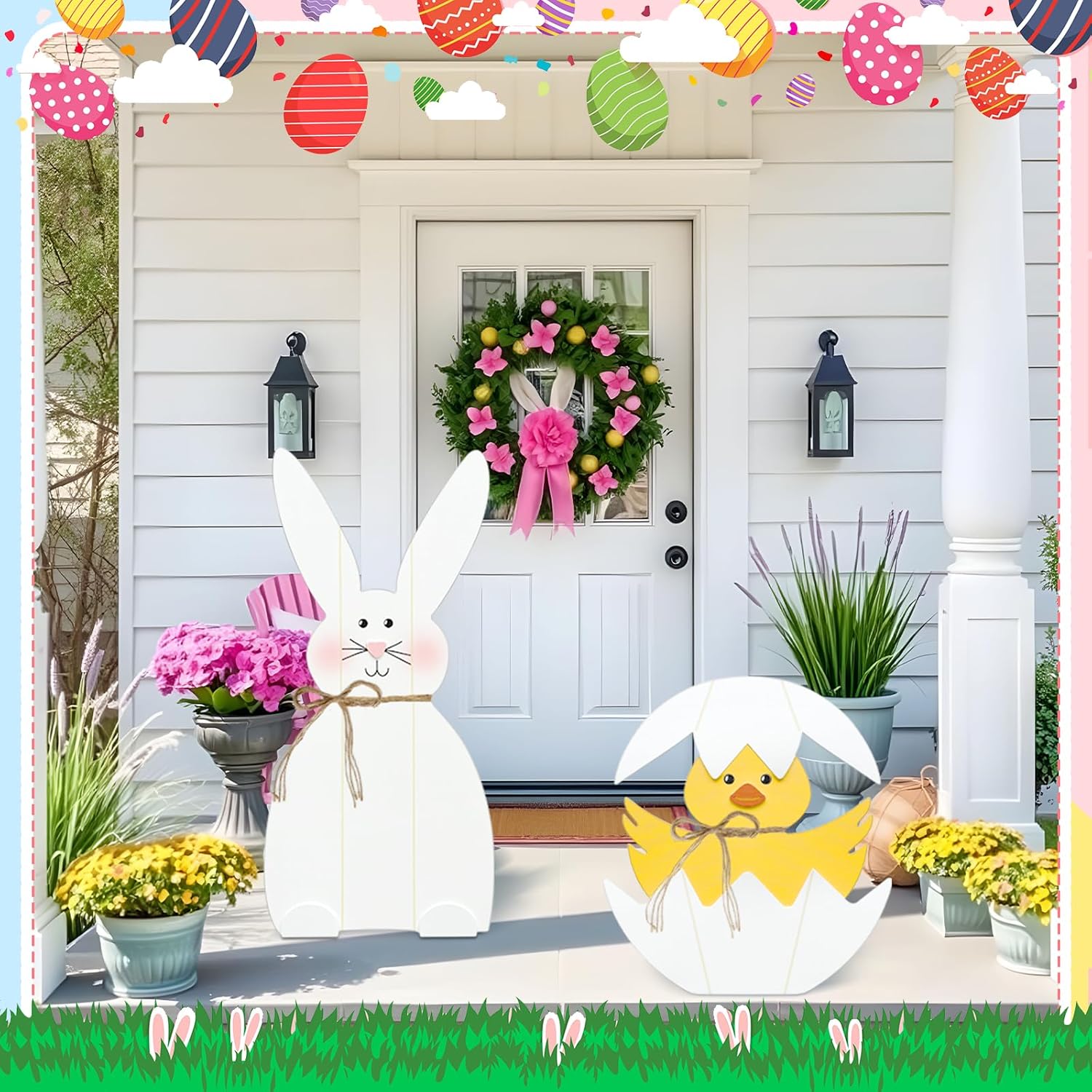 2 pcs easter bunny porch decor 30" wooden sign easter outdoor decor 19" egg standing porch sign easter outdoor decorations for farmhouse home front door yard garden spring party decor