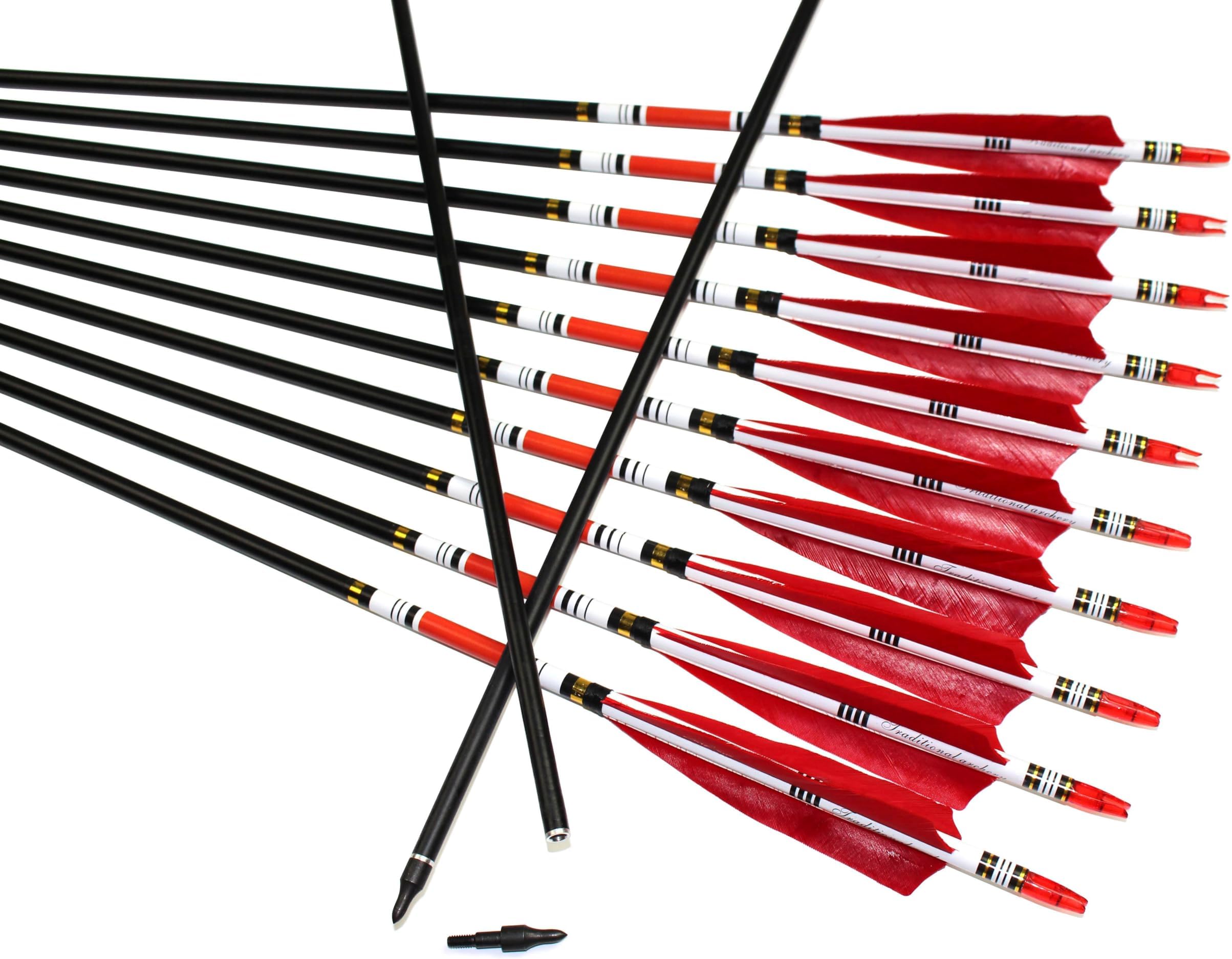 12PCS Red Turkey Feather 31 inches Carbon Arrows Replacement Tips Targeting Arrows Archery for Recurve Longbow Hunting&Practice