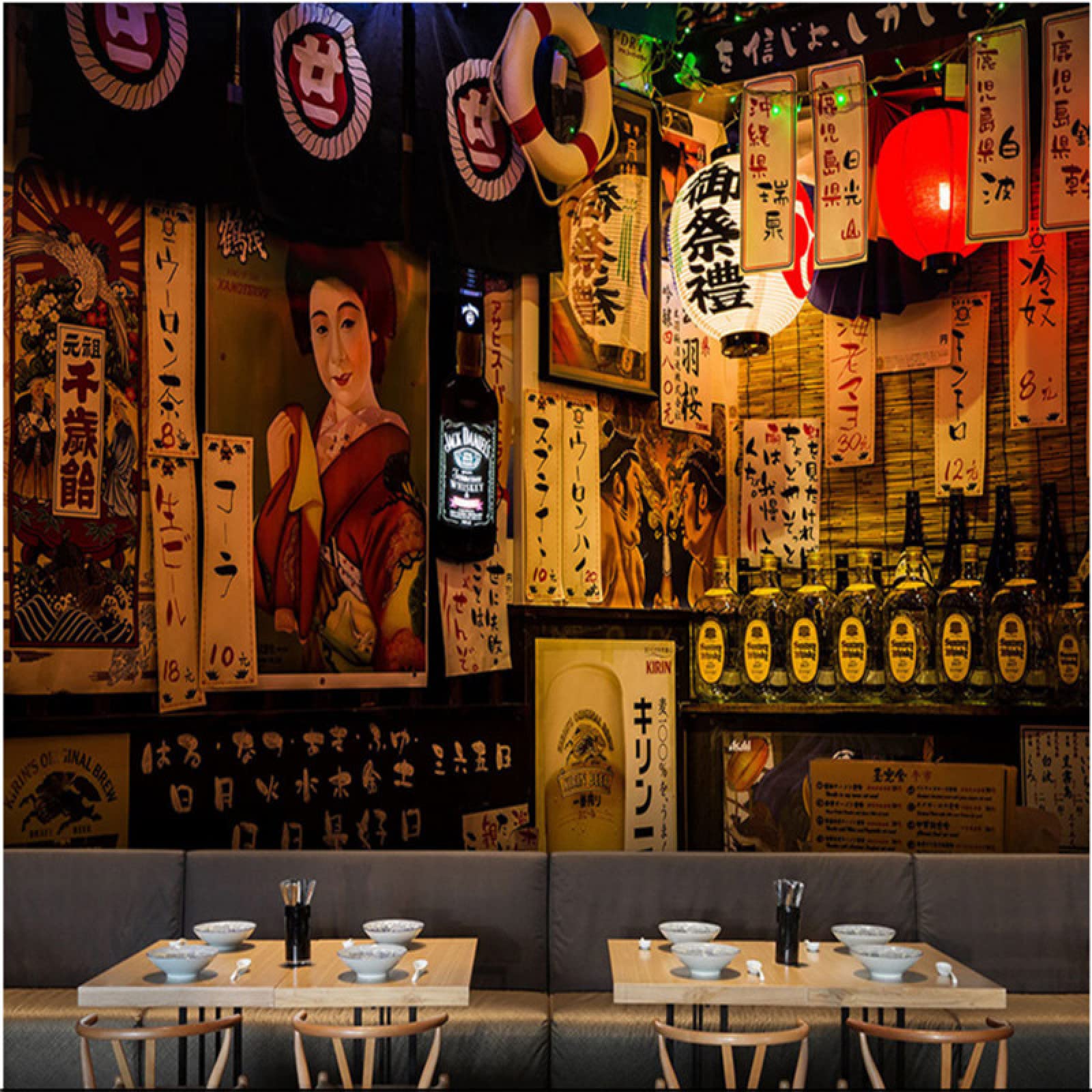 Japanische Retro Street Night View 3D Fototapeten Für Küche Sushi Ramen Restaurant Industrial Mural Tapete 3D 250Cm(W)×175Cm(H)