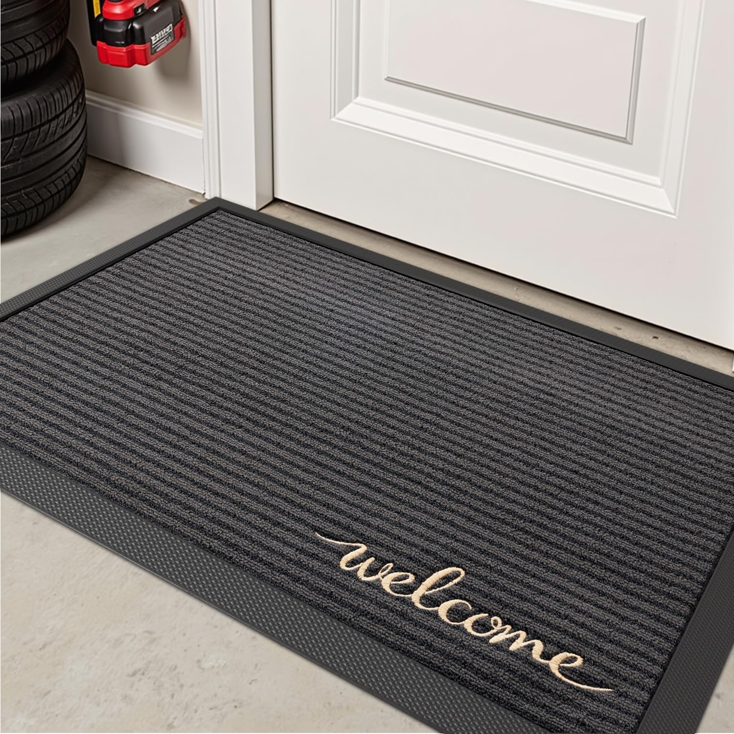 DEXI Zerbino Ingresso Esterno 80 x 120 cm, Tappeto per Porta Interno, Zerbini Antiscivolo Lavabile, Fondo in Gomma Impermeabile, Assorbente Tappeti per Corridoio, Balcone, Giardini, Grigio Benvenuto