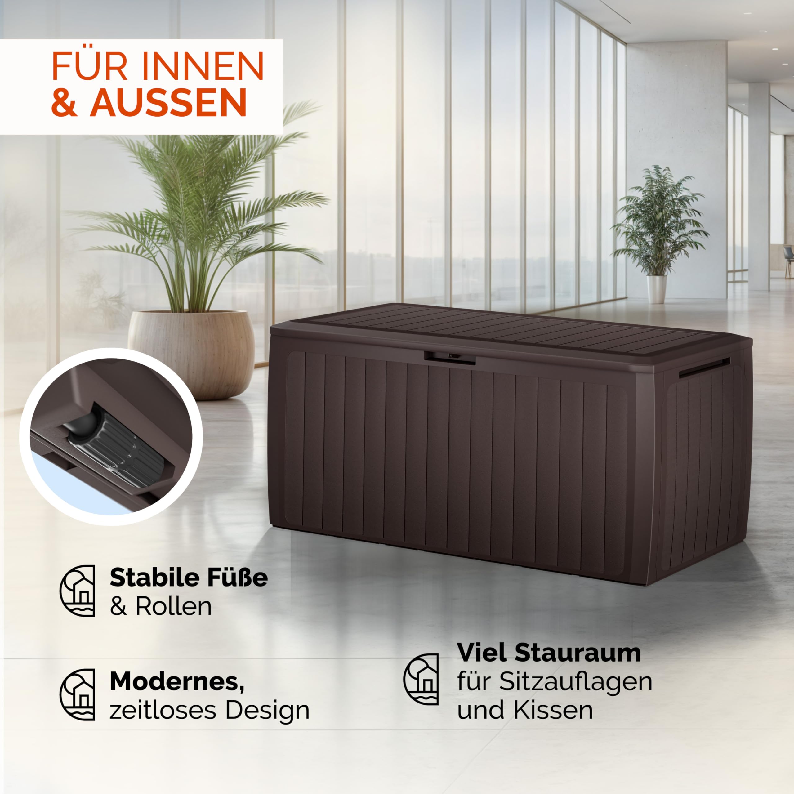 Casaria® Gartenbox Auflagenbox abschließbar Braun 290L UV-beständig Haltegriffe Rollen Verschlussvorrichtung Balkon Garten Kissenbox Aufbewahrungsbox 117x47cm Wetterfest Paneelstruktrur
