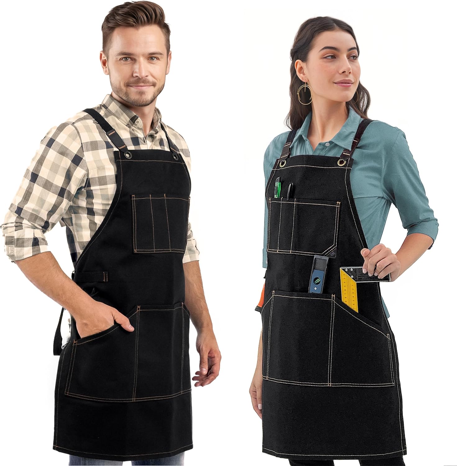 Under NY Sky Essential Black Apron – Heavy Duty Waxed Canvas, Cross-Back, Leather Reinforcement – Adjustable for Men, Women, Pro Mechanic, Welding, Woodwork, Blacksmith, Server Aprons