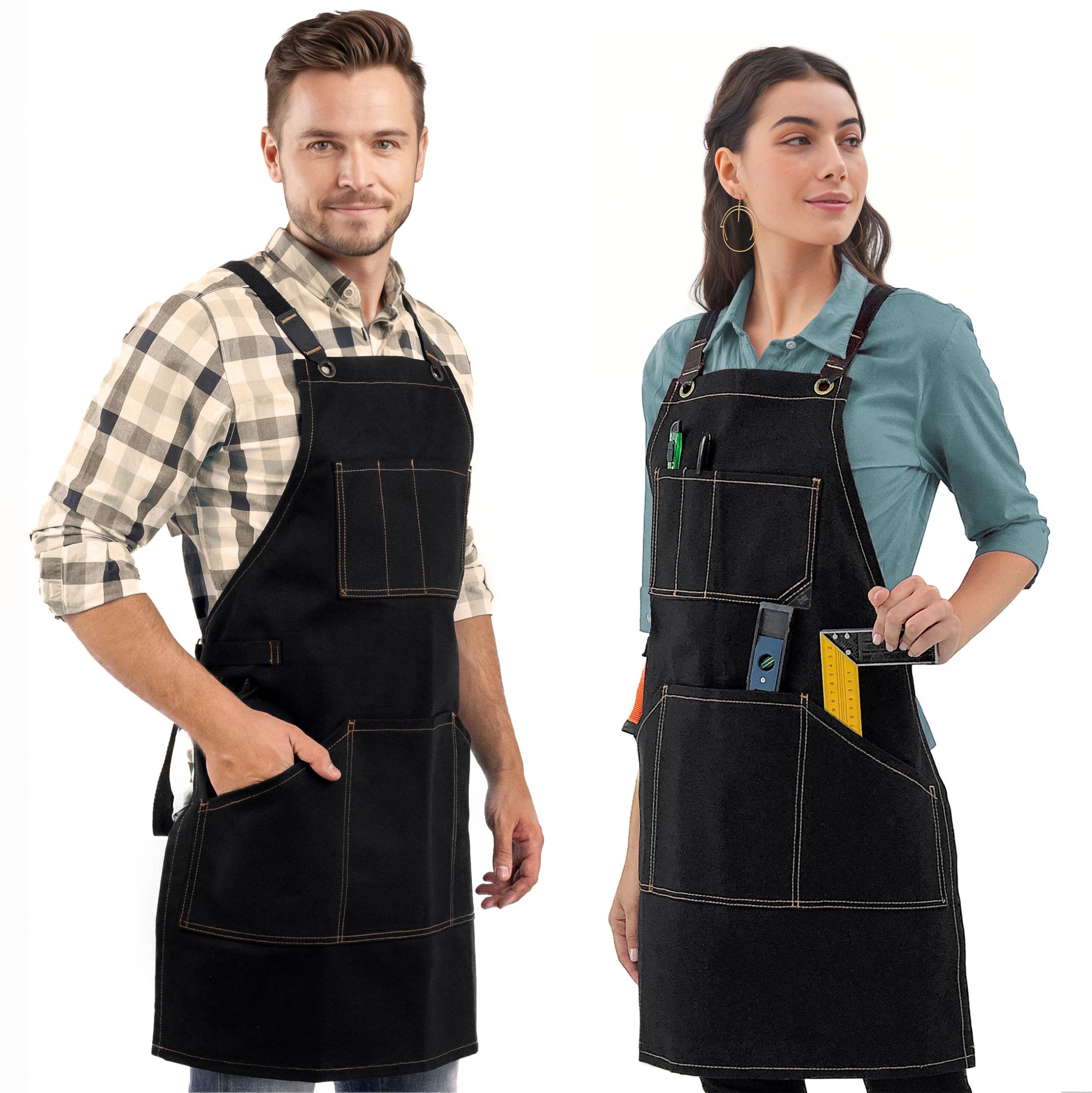 Essential Black Apron – Heavy Duty Waxed Canvas, Cross-Back, Leather Reinforcement – Adjustable for Men, Women, Pro Mechanic, Welding, Woodwork, Blacksmith, Server Aprons