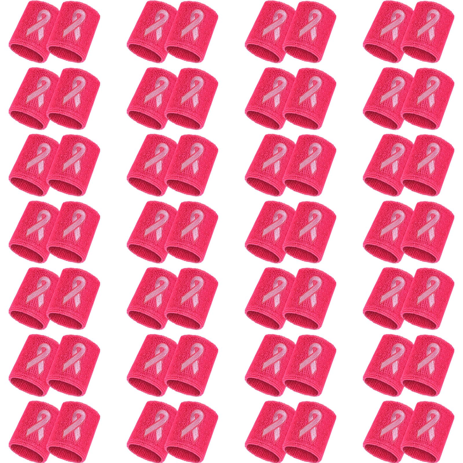 Harrycle 56 Pcs Pink Ribbon Wristbands Bulk Breast Cancer Awareness Sweatband Absorbent Sports Wrist Sweat Bands for Football Tennis Basketball Running Athletic(Rose red)