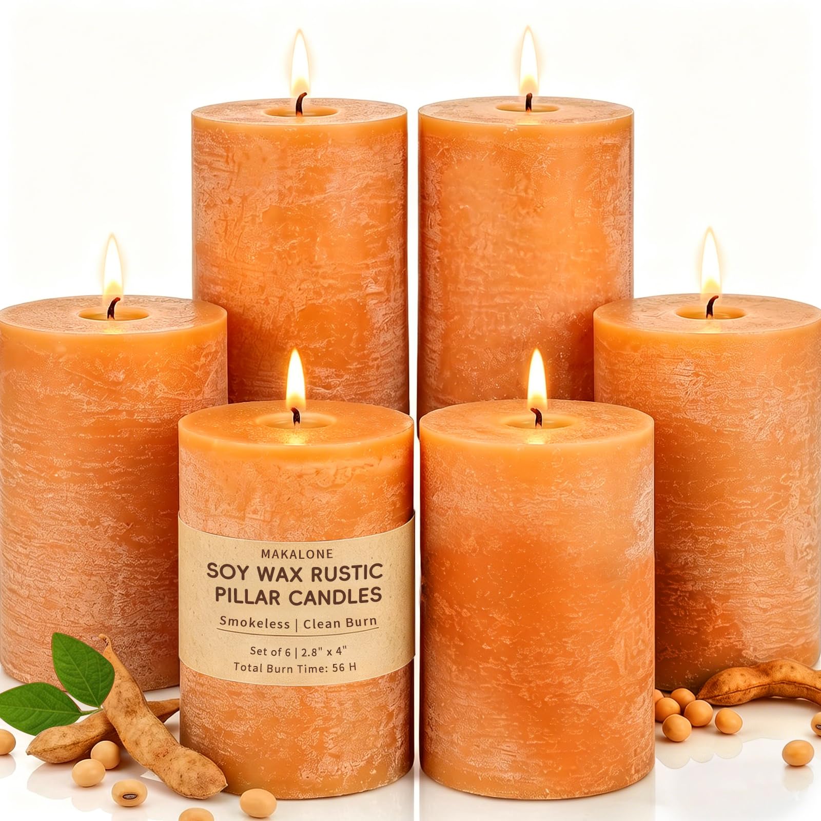 Paquete de 4 velas de soja blanca, velas de soja natural, 55 horas de duración, sin perfume, sin goteo y sin humo, color naranja quemado rústico, para mesa de comedor, boda, hogar, 2.8 x 4 pulgadas