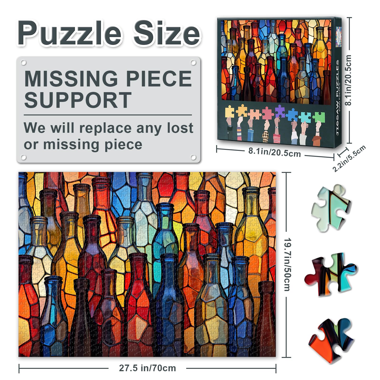 Challenging 1000 Piece Jigsaw Puzzles for Adults Colorful Design Glass Bottles- 27.5x19.7 Inch Difficult Puzzle Vibrant Rainbow Art - Image 3