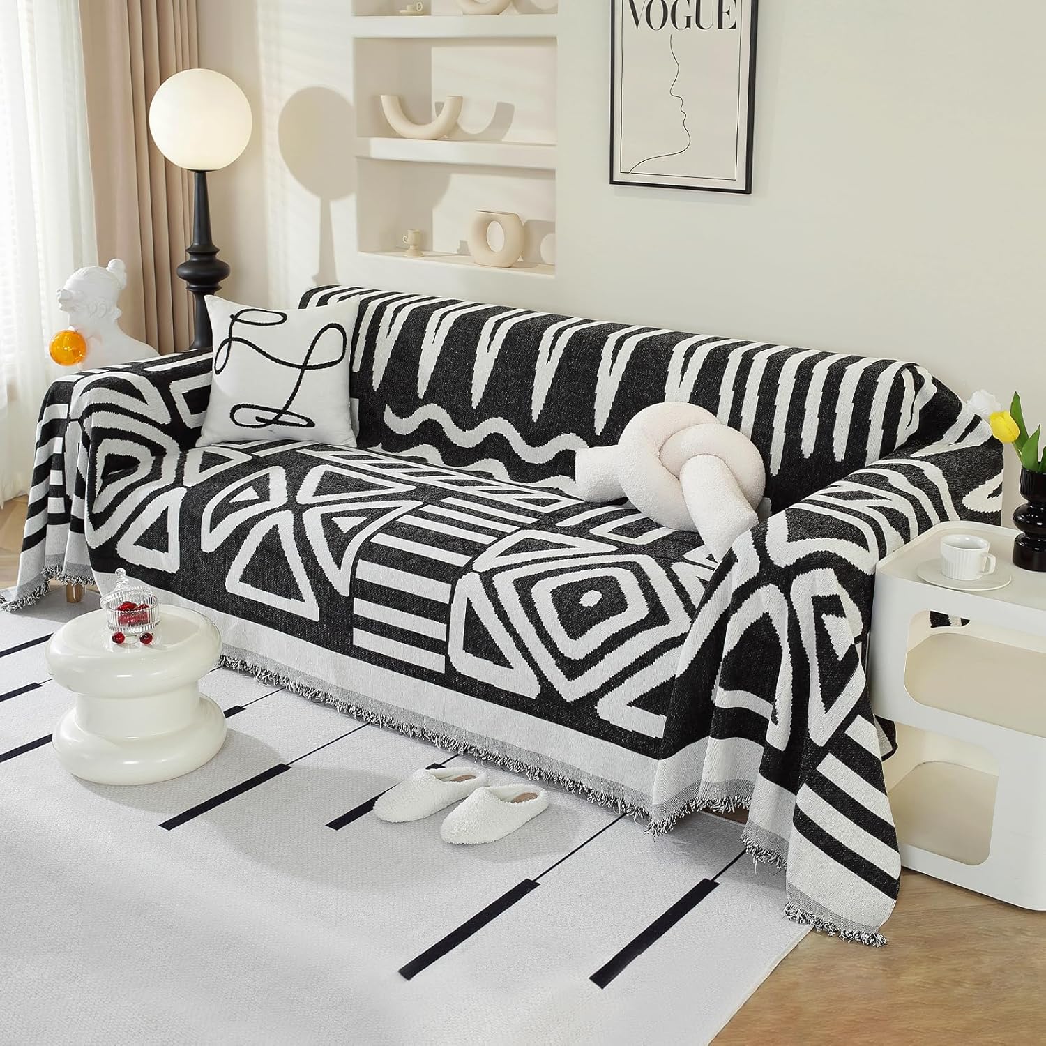 Royhom Boho Couch Cover Sofa Cover for Dogs Washable Sectional Couch Covers Sofa Slipcover with Tassel Loveseat L Shaped Covers Couch Protector for Pets, Black 71 x 134 Inch 71"x 134" Boho Black