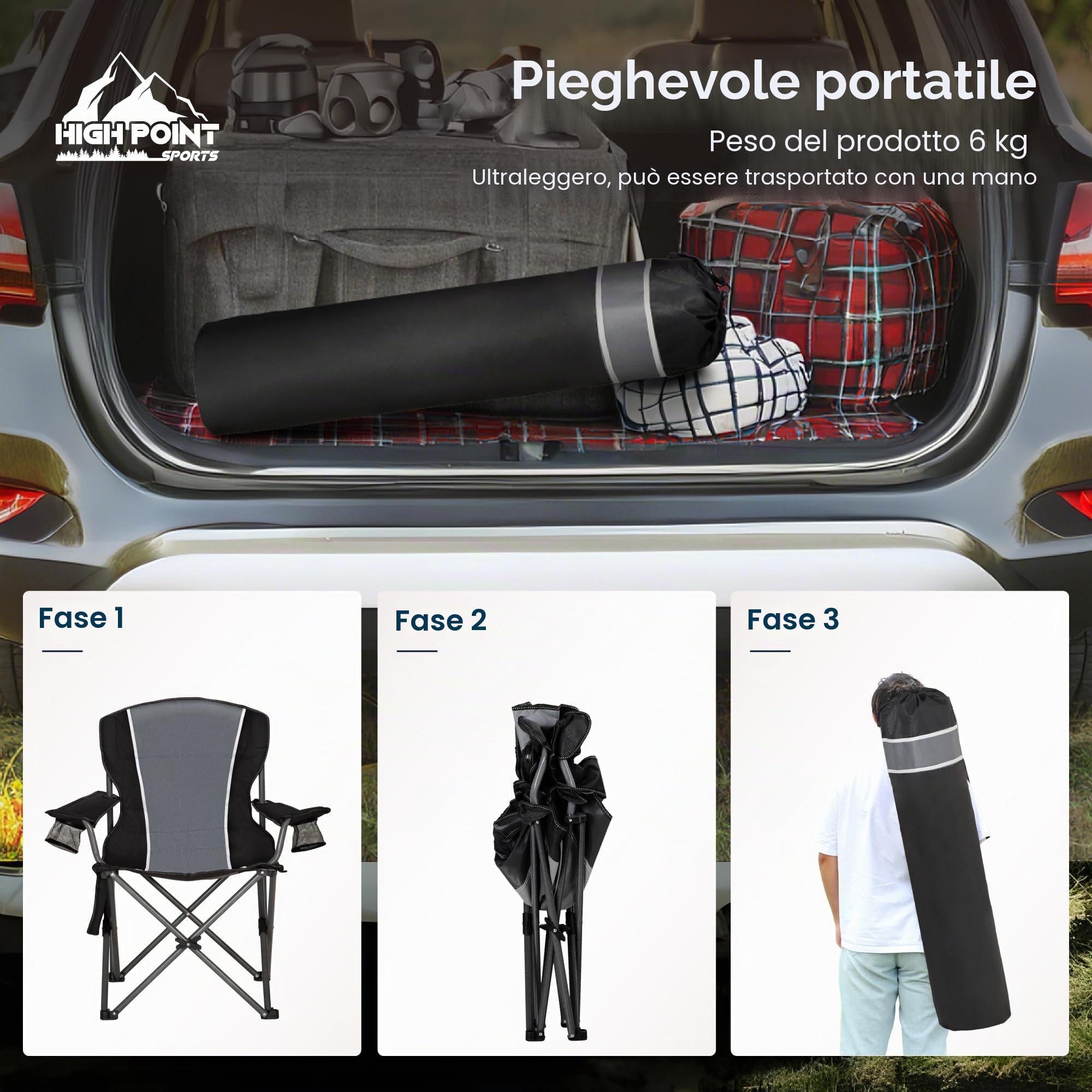 HIGH POINT SPORTS Sedia Pieghevole da Campeggio Nero-Grigio 160KG Sedia da Campo Portatile e Resistente con Portabicchieri Sedia da Pesca