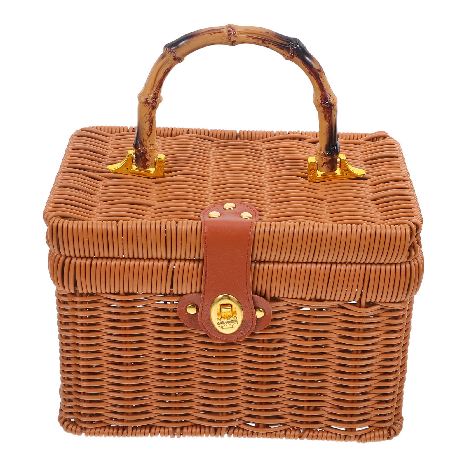 Cesta de Picnic Tejida de Ratán Sintético con Asa, Ligera y Duradera, Adecuado para Frutas y Verduras Hogar Obsequio Decorativo Vintage