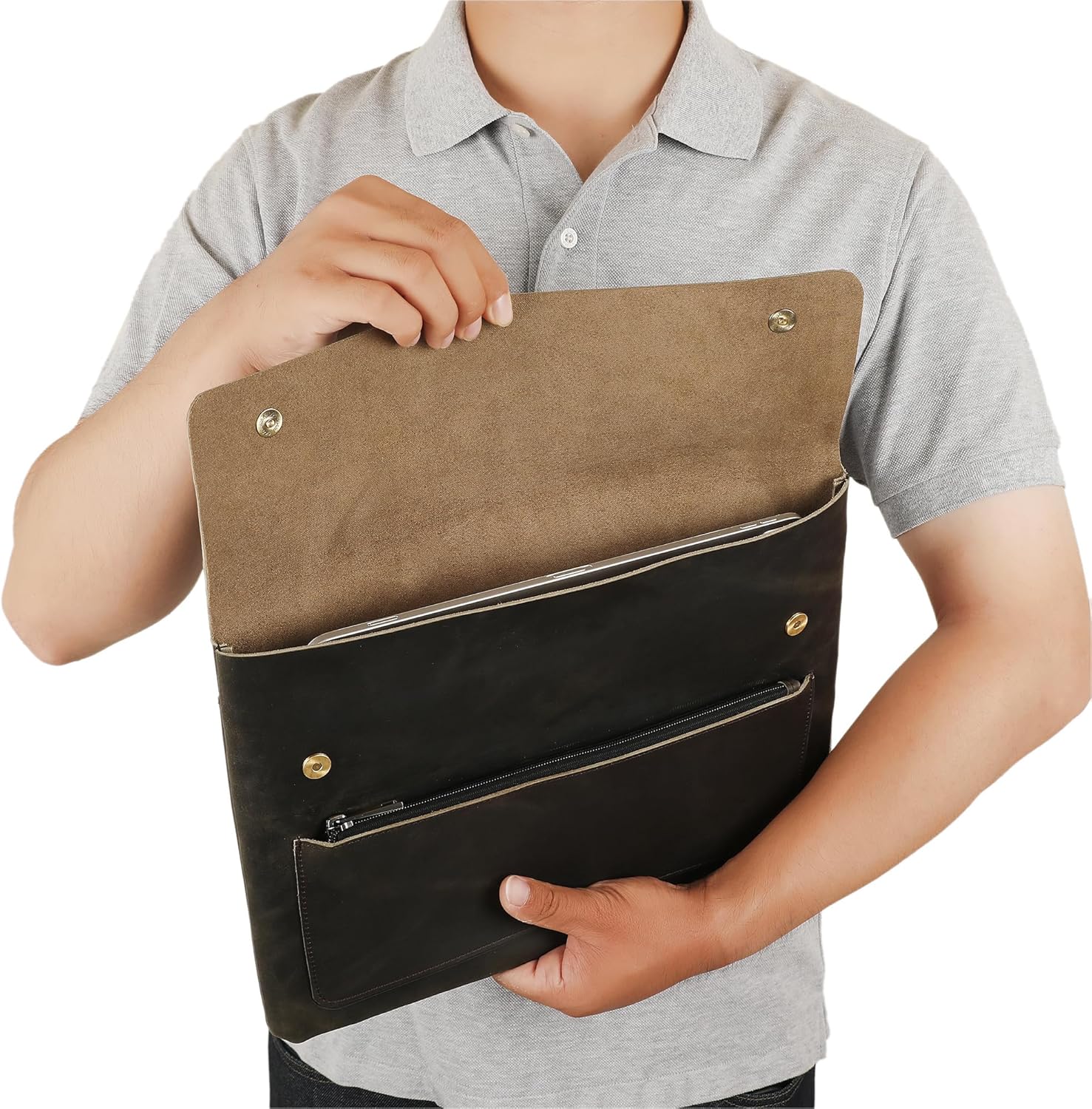 Genuine Leather Sleeve for 13/14/15-in MacBook Pro & MacBook Air, Slim Protective Laptop Case, Folio Document Organizer Leather Folder Portfolio-Grey