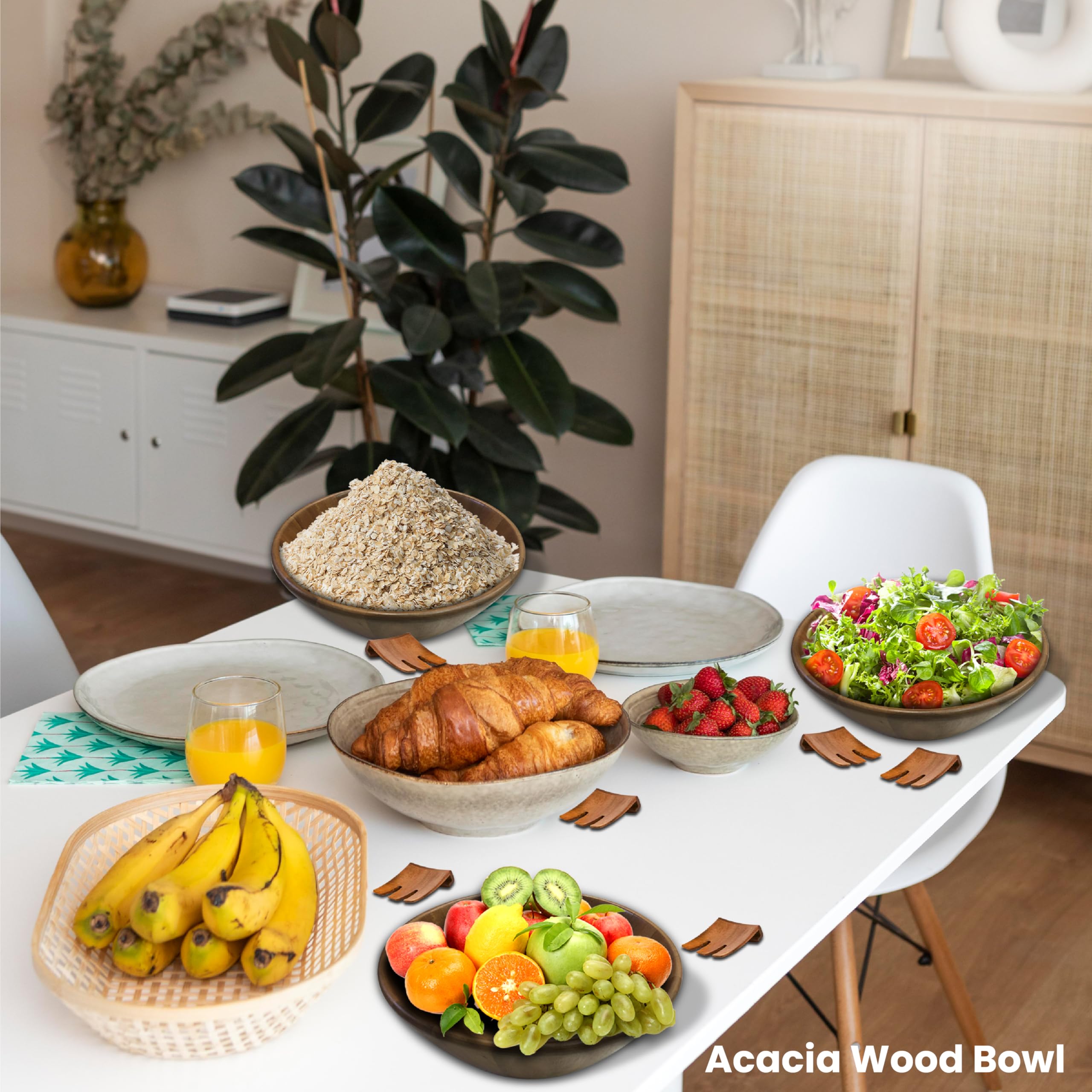 Ensaladera de madera de acacia con tenedores para servir, cuenco grande con diseño de madera duradero para 6-8 porciones, fácil de limpiar, naturalmente hermoso, ideal para reuniones