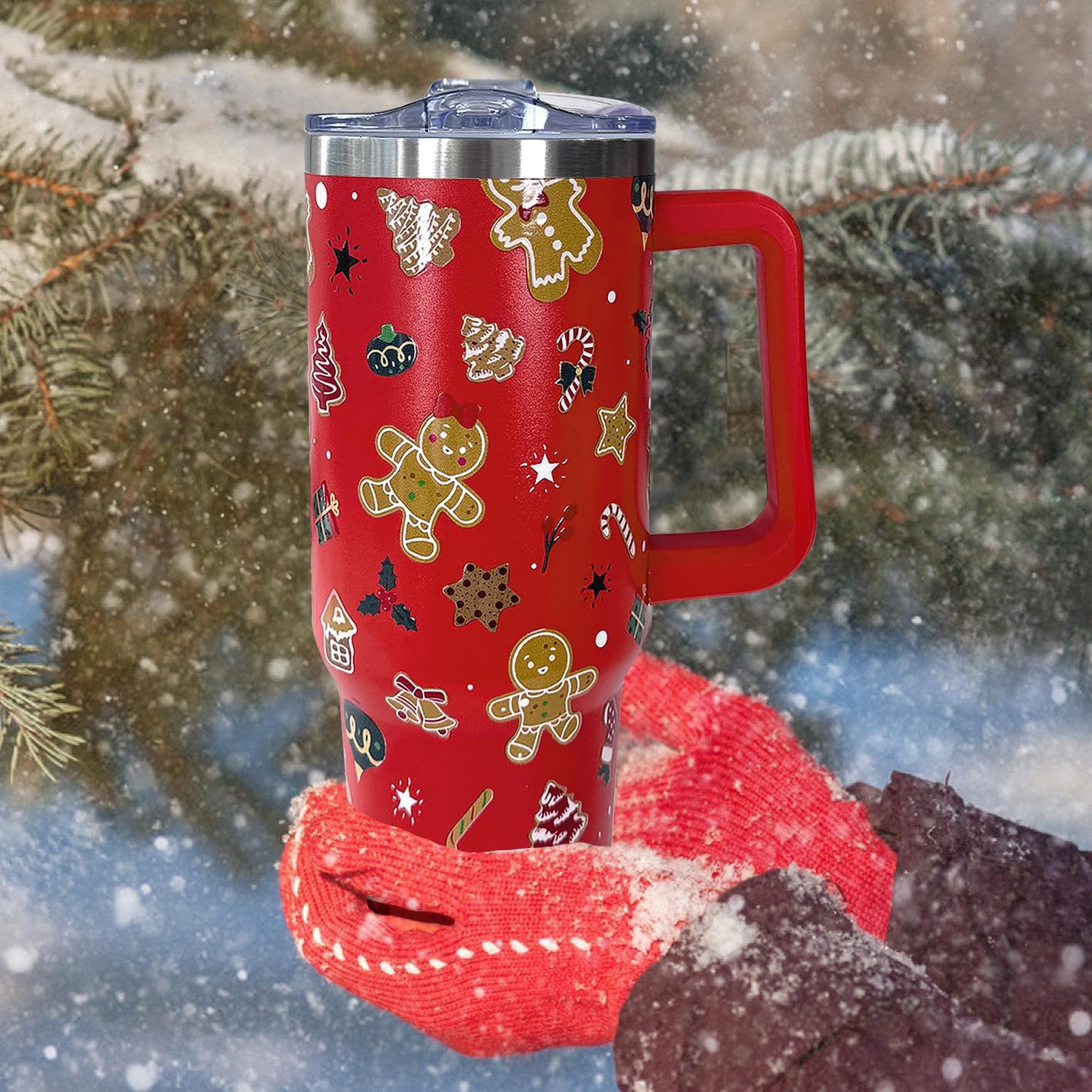 40 oz Christmas Gingerbread Tumbler With Handle Lid and Straw,5D Red Xmas Print Stainless Steel Insulated Travel Mug Christmas Coffee Cup Gifts for Men Women - Image 2