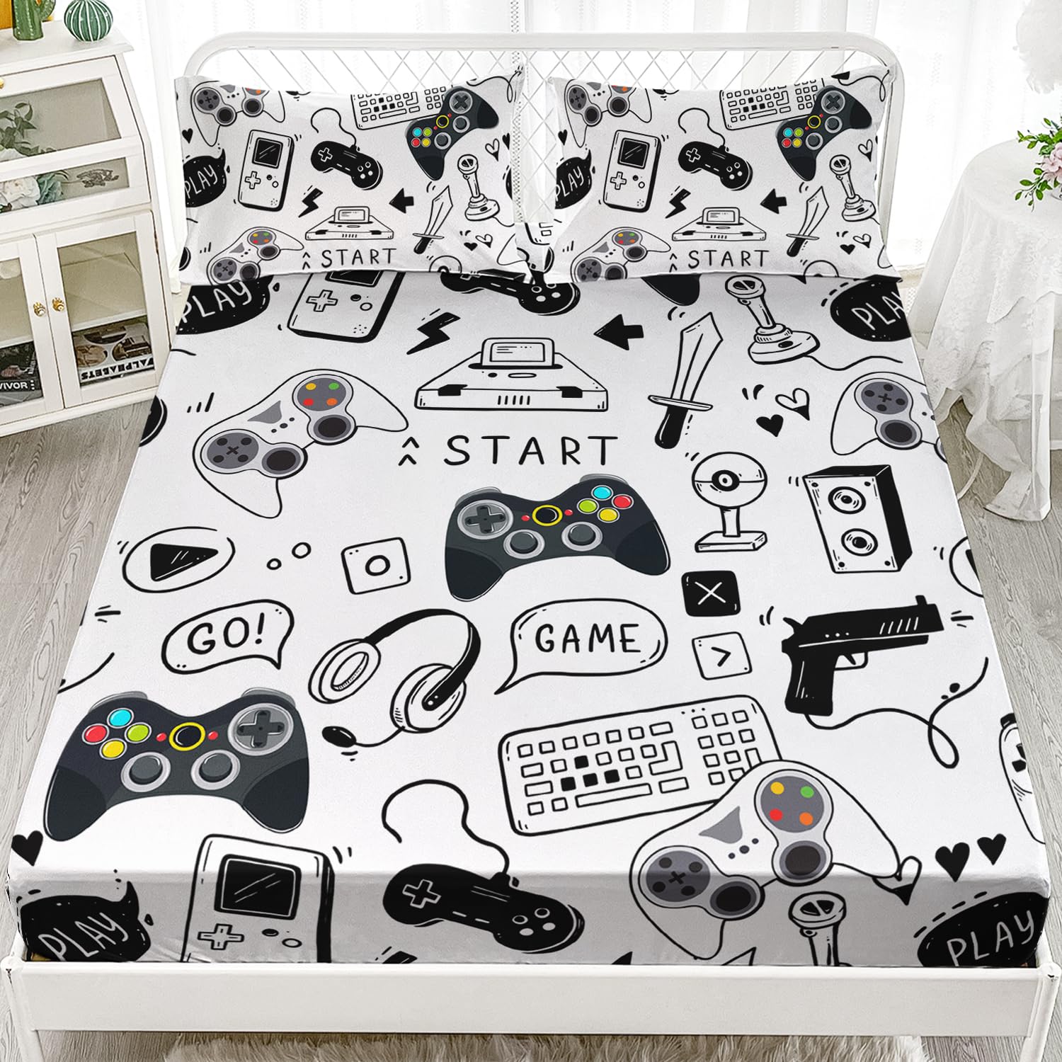 AILONEN Video Game Fitted Sheet Set,Boys Queen Bed Sheet Set,Video Gamer Console Joystick Controller Bed Sheet Set,Computer Retro Arcade Play Gaming Sheet Set 3Pcs, 1 Fitted Sheet and 2 Pillowcases
