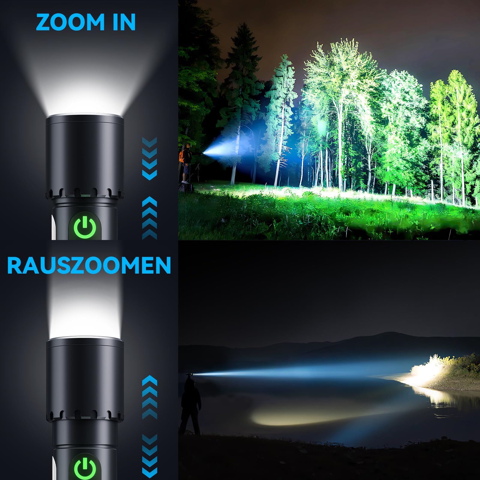 Linterna LED recargable 60.000 lúmenes, 9 modos, linterna LED extremadamente brillante XHP90.2 con zoom y IPX7, resistente al agua, linternas fuertes para camping, senderismo, emergencias