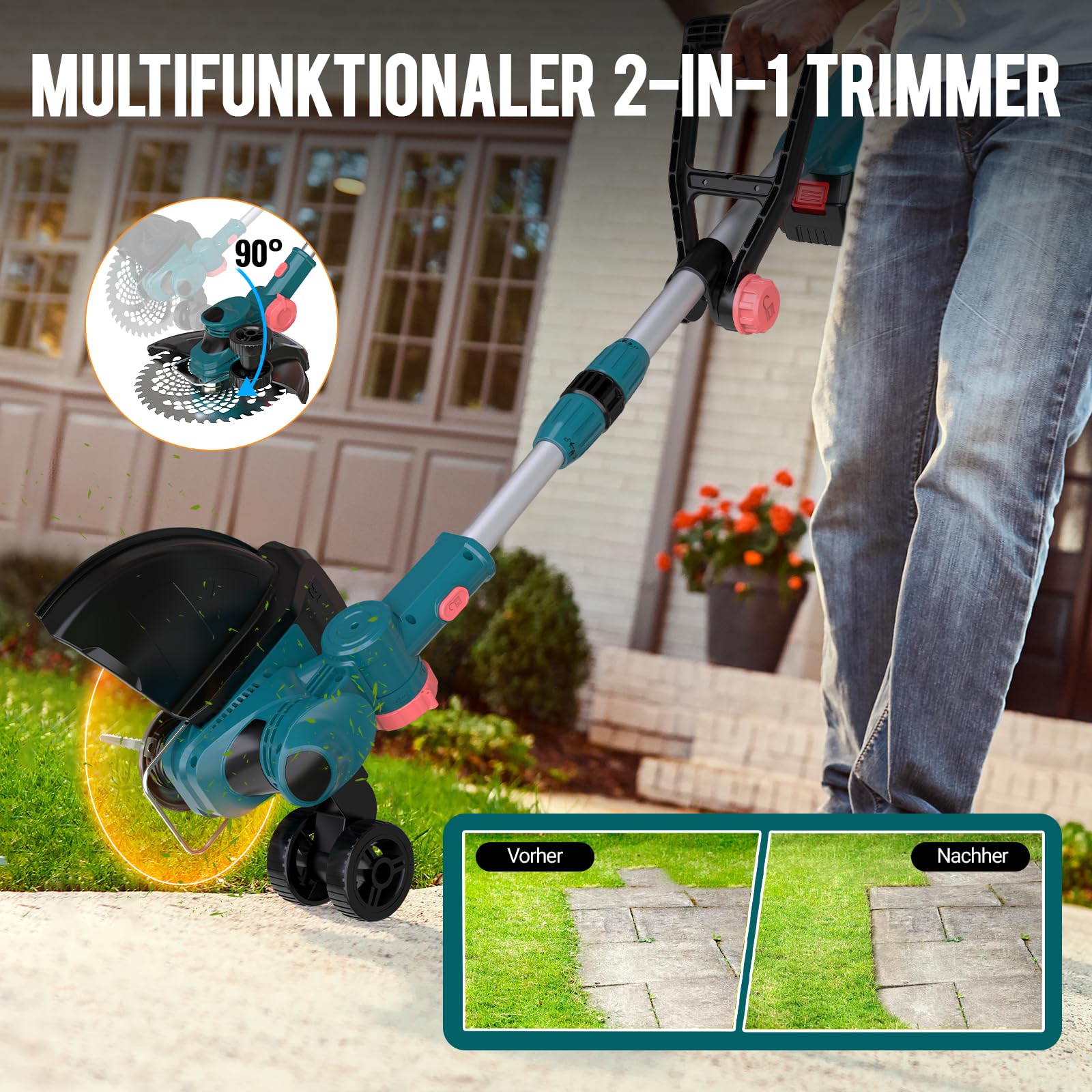 Akku Rasentrimmer mit Akku und Ladegerät, 21V Rasentrimmer für Makita Akku, Freischneider Akku - Inkl. 2 X 4.0Ah Batterie, Rasentrimmer mit Unkrautbürste, 90° Schwenkbarer Kopf, für Garten (Blau)