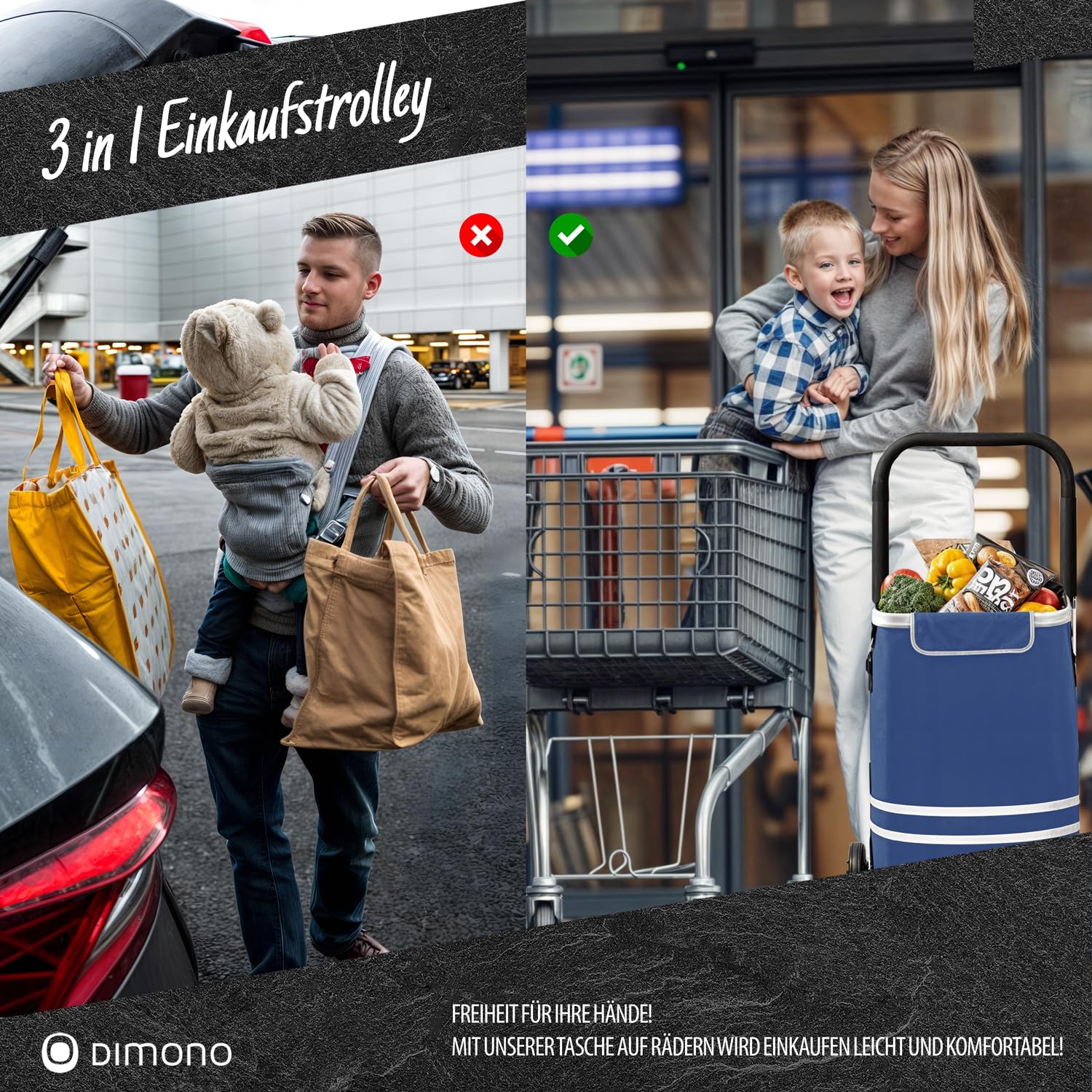 DIMONO® Einkaufstrolley klappbar, 56L Kühlfach, 30kg Tragkraft in Blau