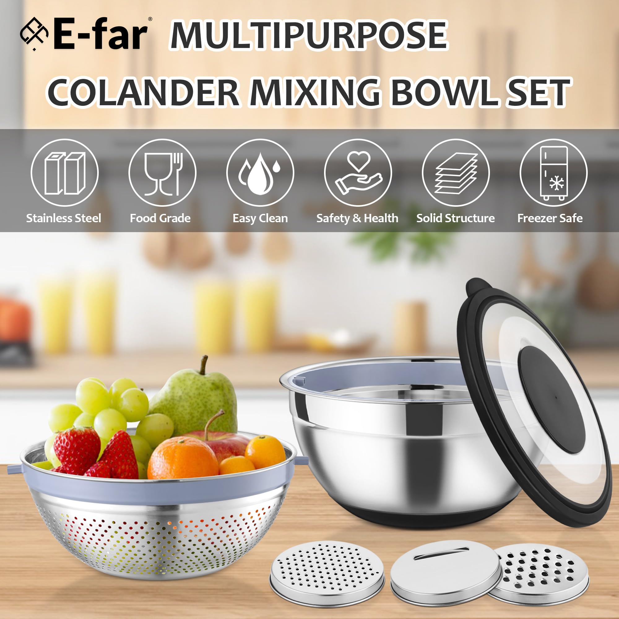 Colador con juego de tazones para mezclar, 4-1 coladores de acero inoxidable con ralladores para cocina, cuenco giratorio de colador de alimentos para enjuagar frutas, verduras y pasta, color 7