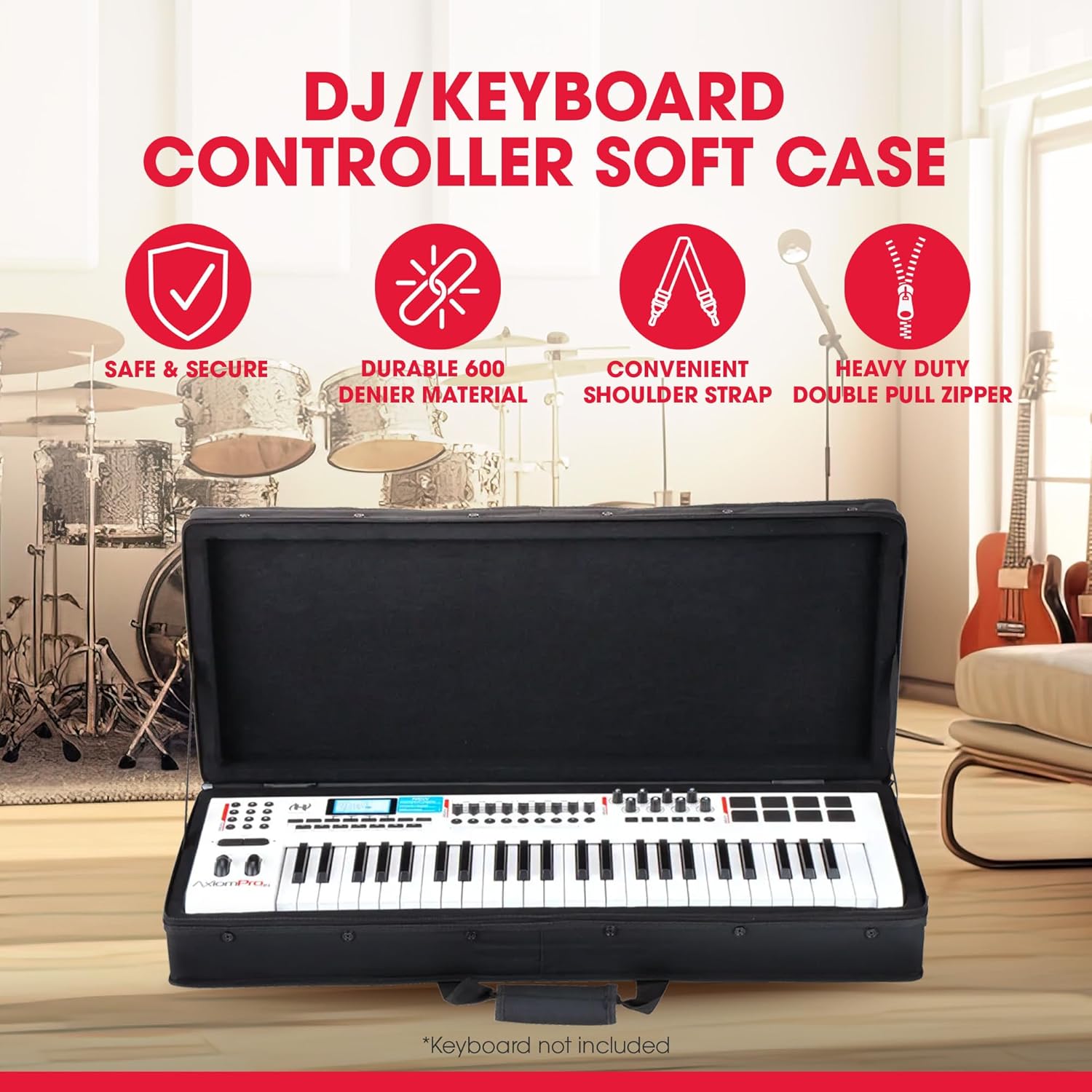 SKB 32”x12” Controller Soft Case - Padded Bag w/ Rigid Foam Frame, Shoulder Strap and Double Zippers for DJ Controllers & Small MIDI Keyboards, Black