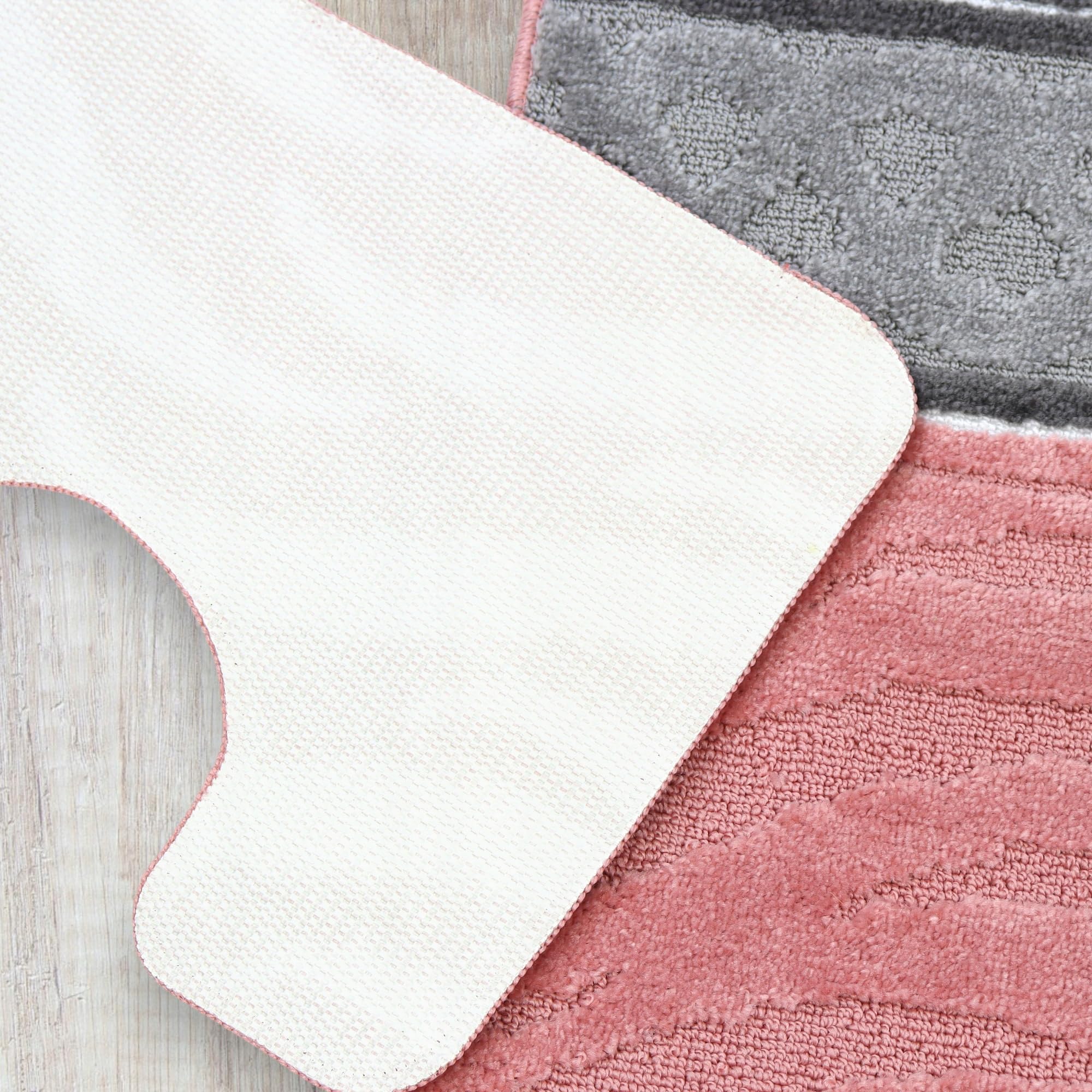 Badteppich Set 3-TLG. Rosa & Grau – rutschfest & Weich, Badematte für Badezimmer Teppich 50x80 cm & 50x40 cm - Ideal für Fußbodenheizung