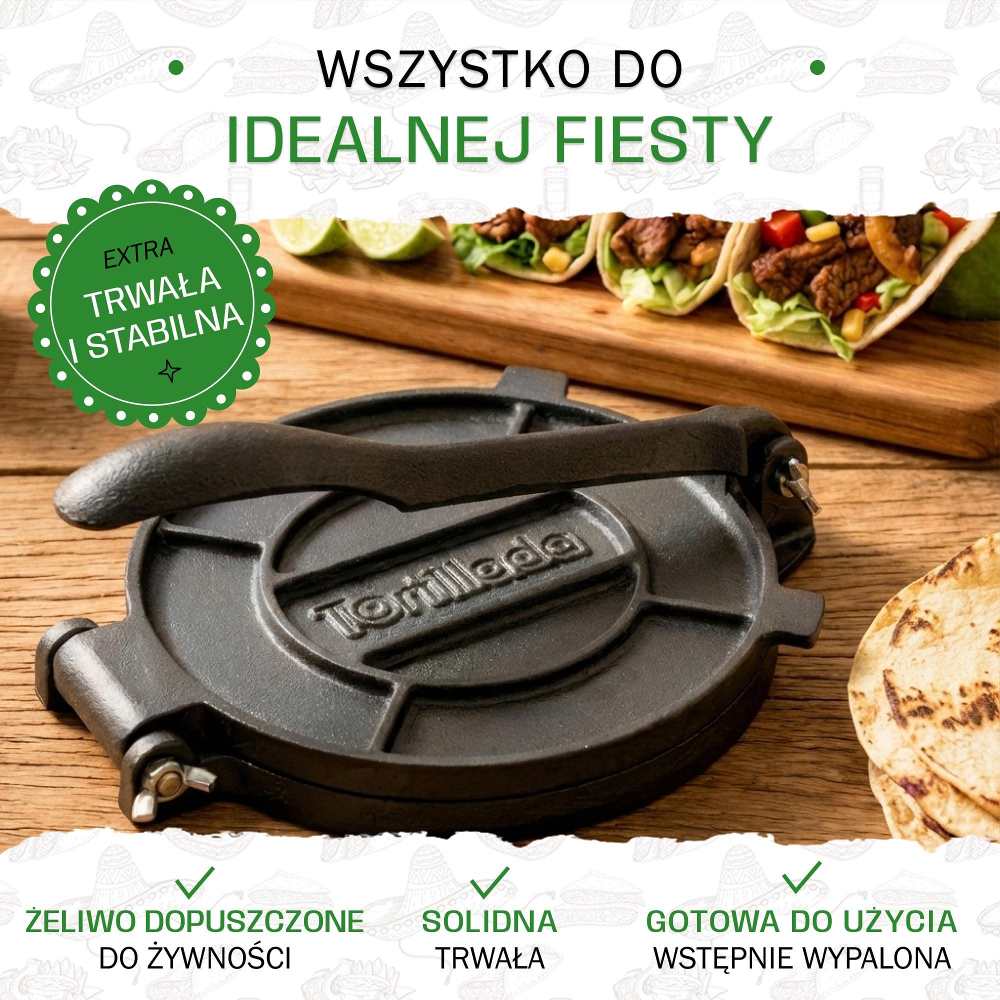 Tortillada - Prasa do tortilli + E-Book z 50 przepisami (30 cm) | Żeliwna prasa do tortilli, quesadilli i roti z 50 przepisami.