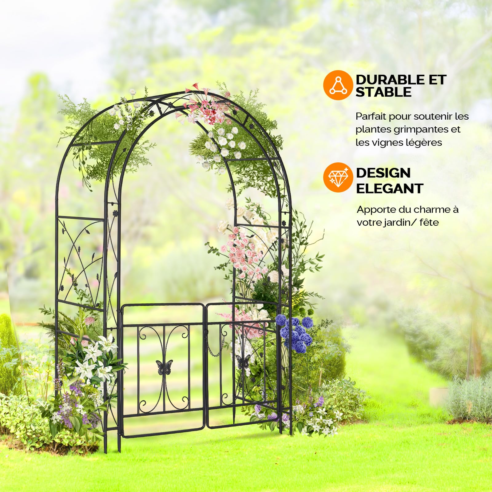 Arche Jardin Métal, Arche de Mariage - 135x58x212 cm - avec revêtement en Poudre, pour Plantes Grimpantes de Rose, Noir (avec Porte)