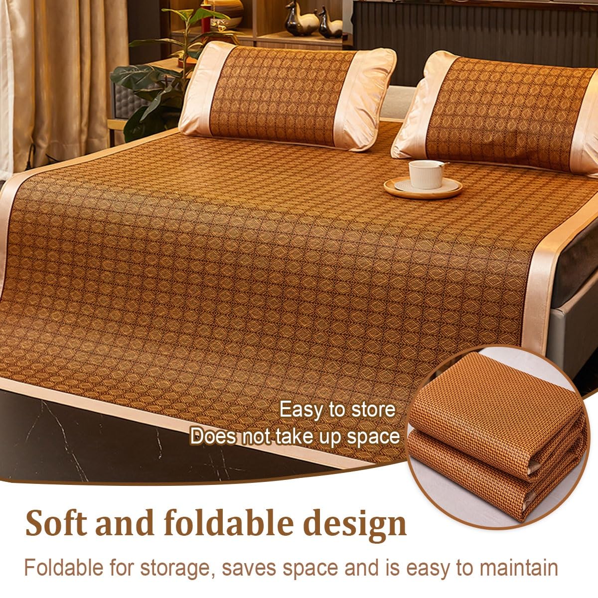 Materassino rinfrescante estivo in bambù, pieghevole, traspirante, per climi caldi, leggero, design ecologico, perfetto per letto singolo/matrimoniale, stile tradizionale cinese