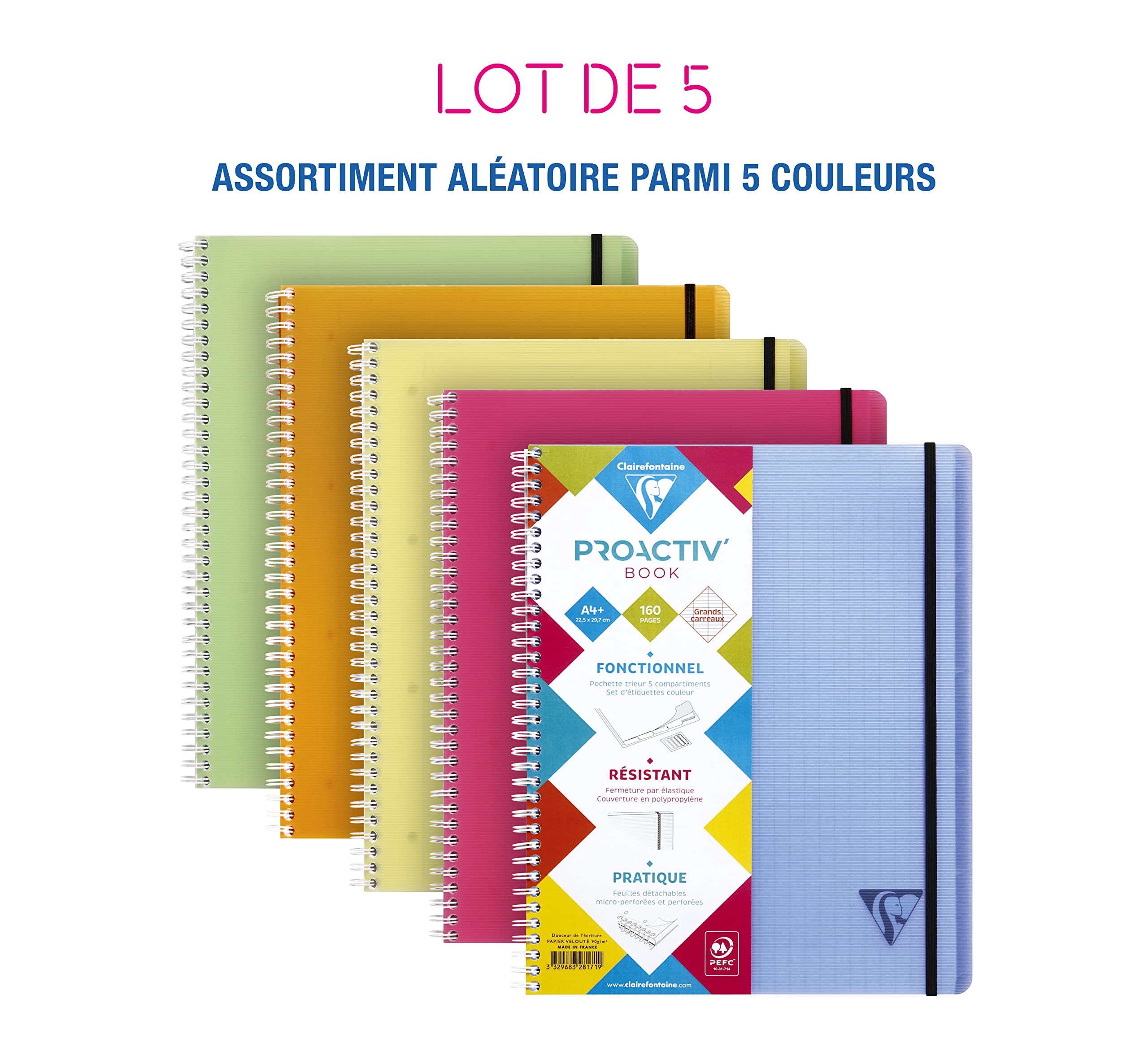 Clairefontaine 328171C - Lot 5 Proactiv'Book Spirale A4+ 160p GC Perforé 4T