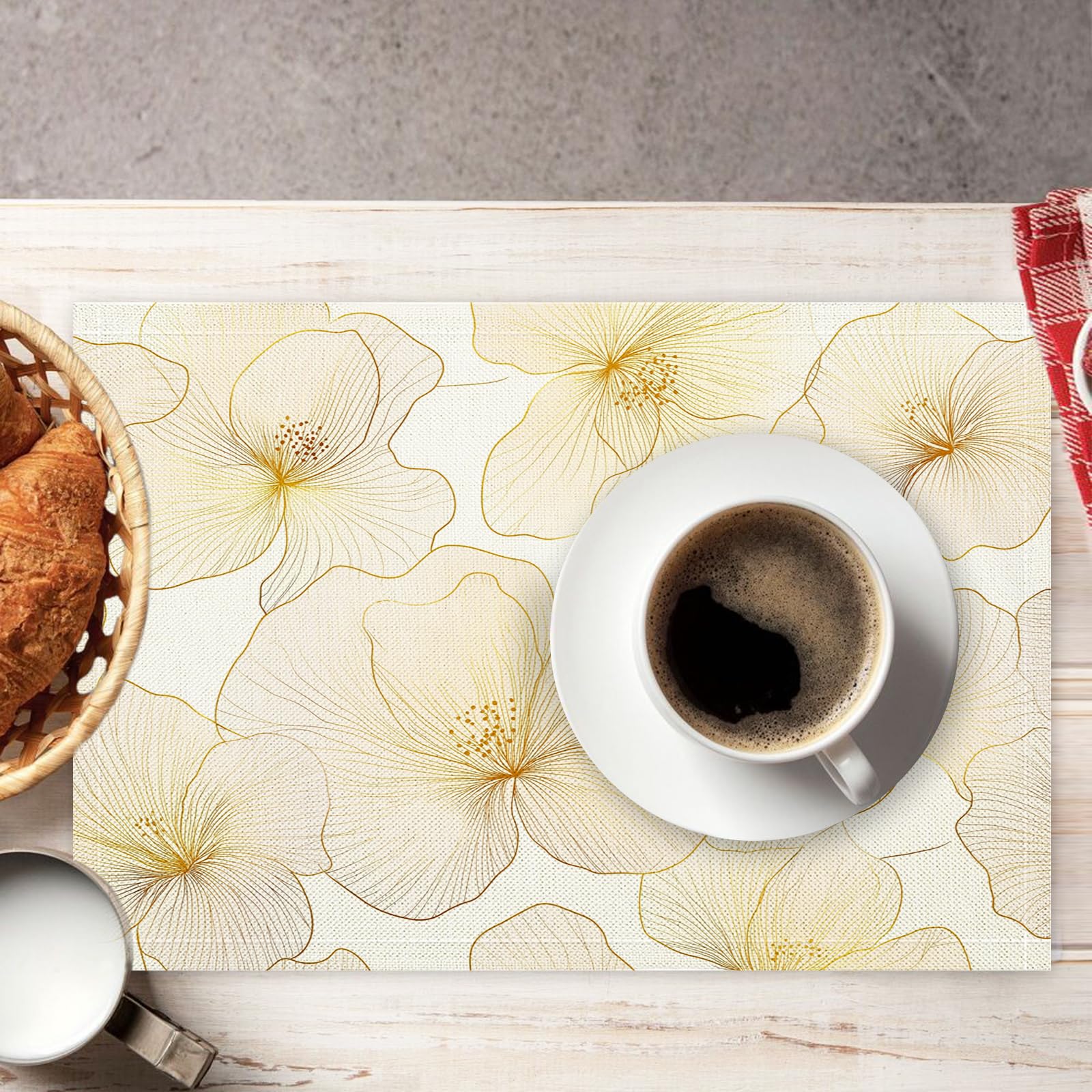 Set di 8 Tovagliette Americane Lavabili Cotone Lino Semplice - Tovaglietta Americana Resistenti al Calore Durevole Arte del filo di fiori in foglia d'oro - per Colazione Pranzo 30×45 cm