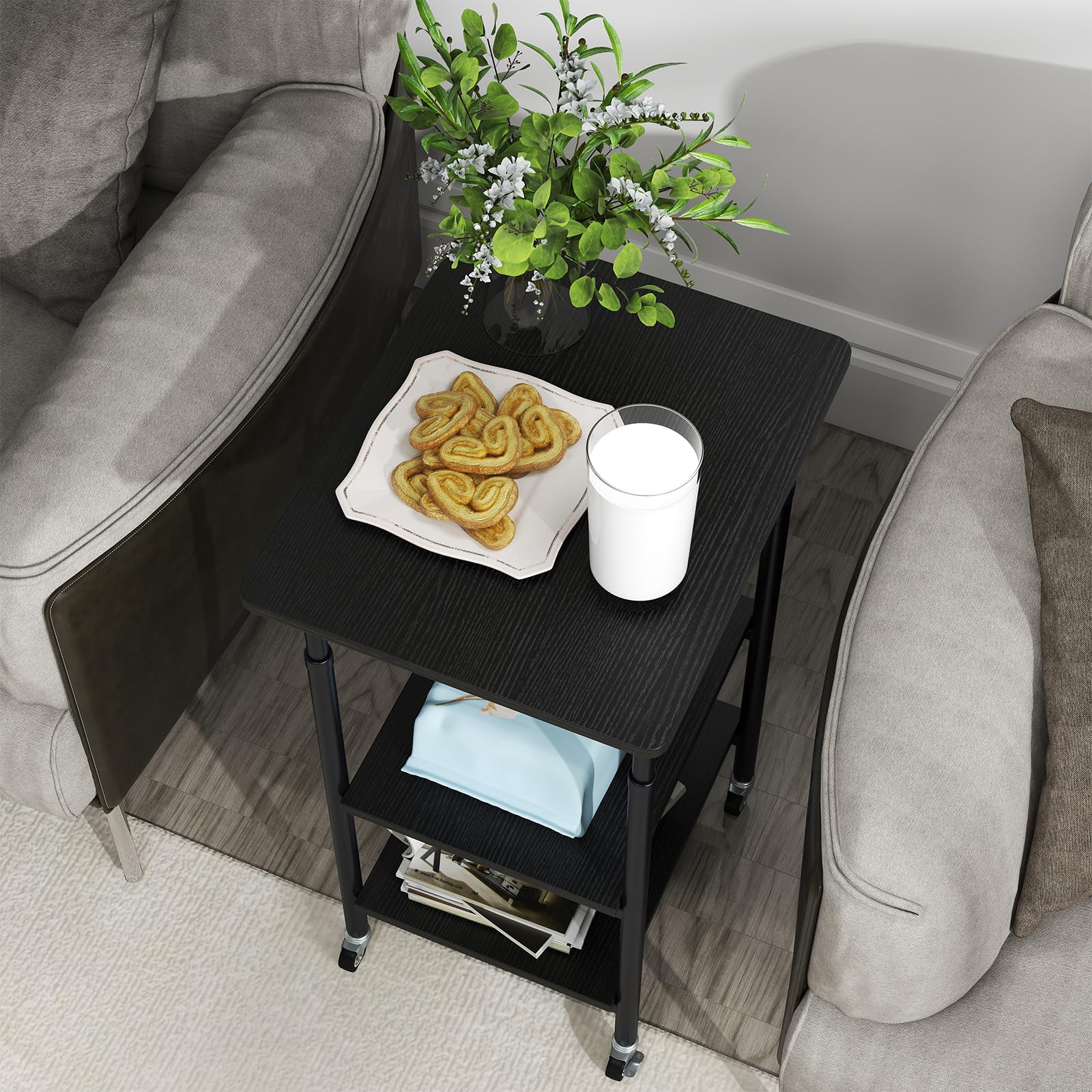 GIANTEX Soporte de Impresora con 4 Ruedas, Mesa de 3 Niveles, Tablero con Altura Ajustable, Estructura de Metal, 49 x 40 x 65-77 cm, Carrito Auxiliar para Oficina, Salón, Dormitorio (Negro)