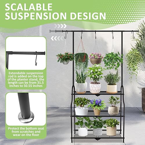 Miniatura 5 de Soporte de metal para plantas de 3 niveles para interiores y exteriores, estante de metal resistente para múltiples macetas de flores, soporte alto