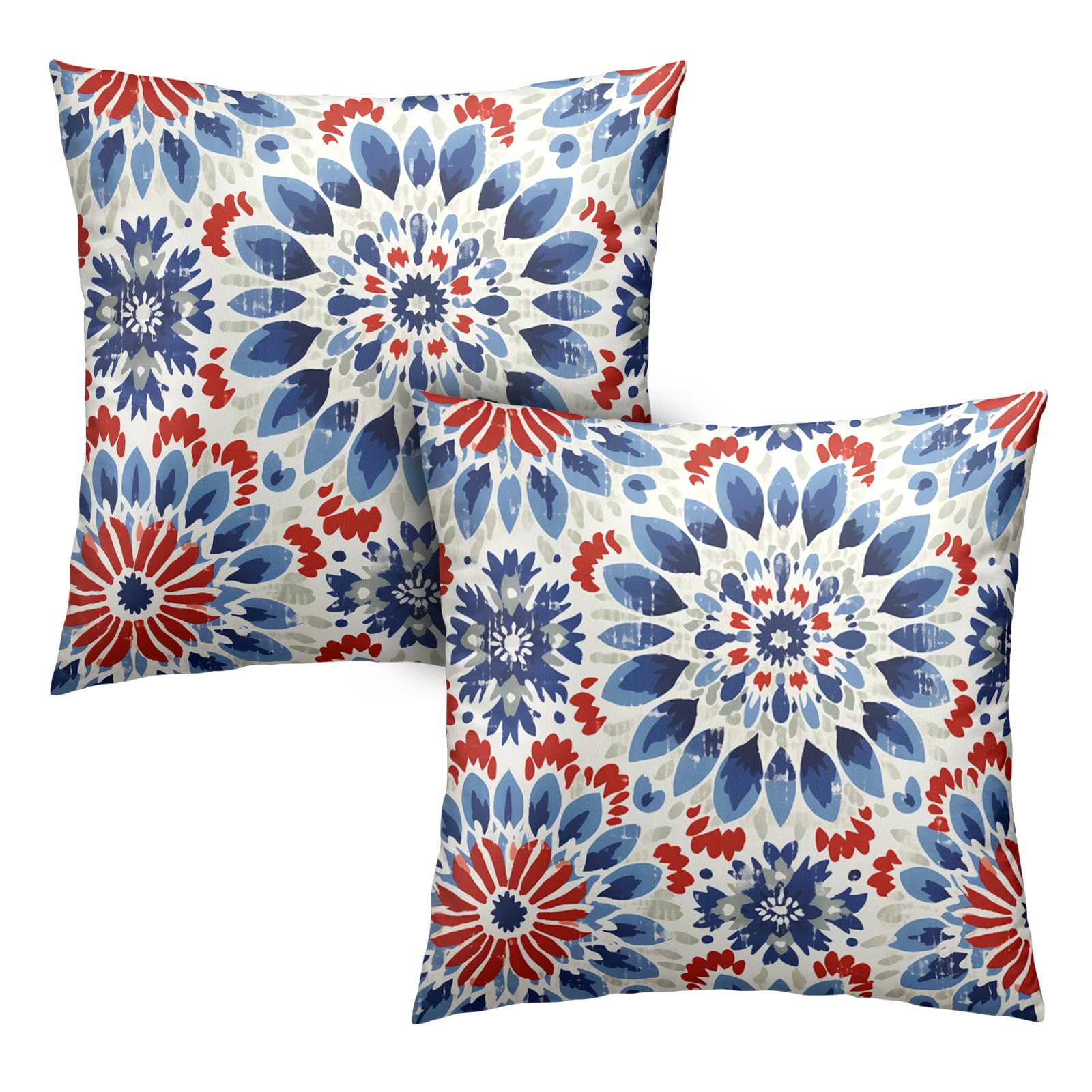 Kwlegh Red Blue and White Floral Pillow Covers 18x18 Set of 2 Summer Dahlia Flower Throw Pillow Covers Geometric Decorative Pillow Covers Home Decor for Living Room Bedroom Bed