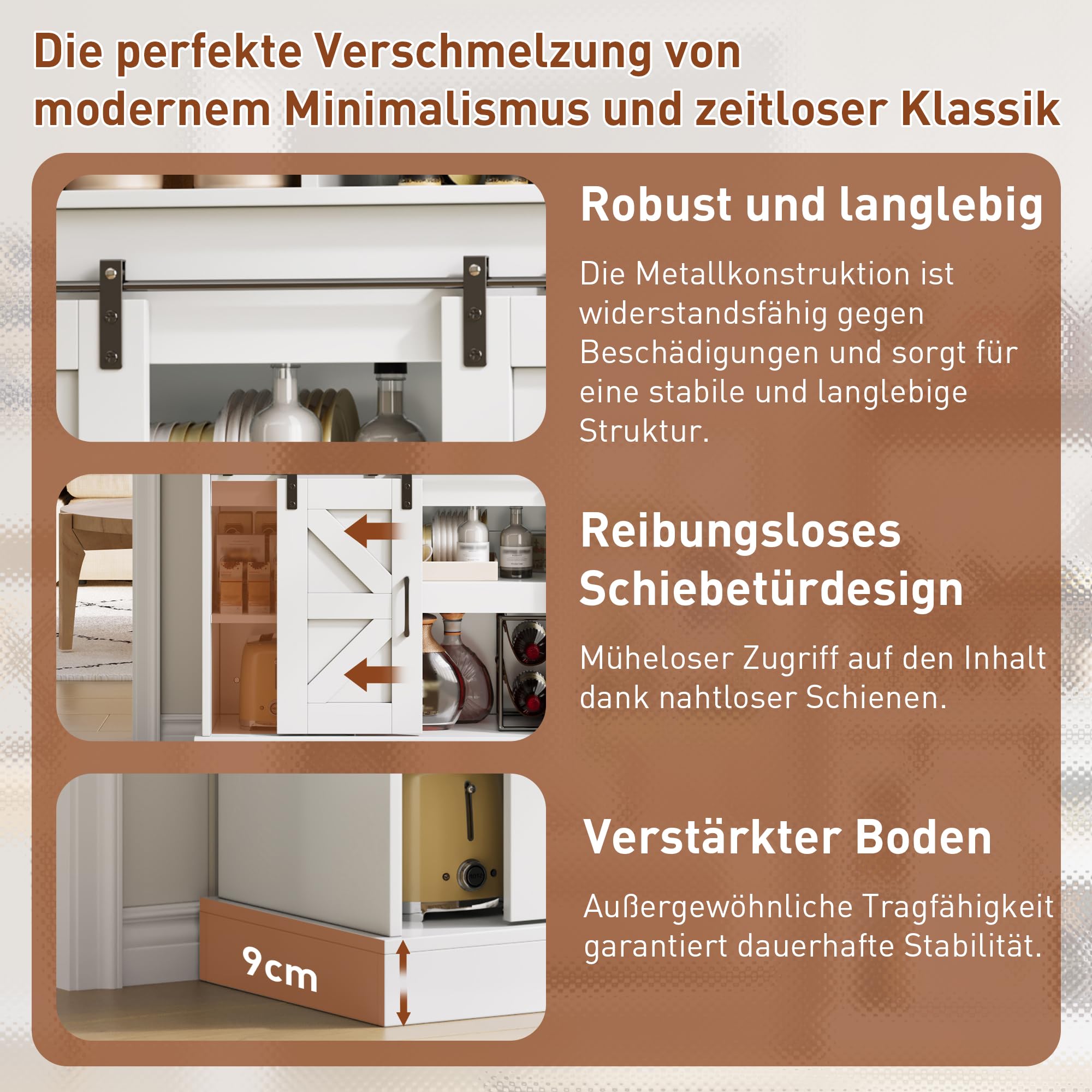 120 cm Lange Kaffeebar mit Gläserhalter und Steckdosen (2×AC, 2×USB), Sideboard mit Stauraum, Sideboard im Landhausstil für Küche/Wohnzimmer mit Schiebetüren