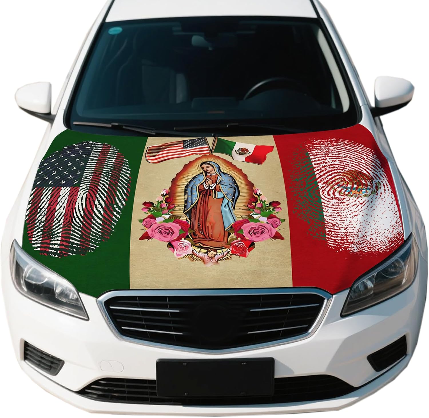 Mexico Our Lady of Guadalupe Flag Car Hood Cover, 4 x 5 Feet Mexico AME rica Friendshi[p, Elastic Fabric, Vehicle Bonnet Banner