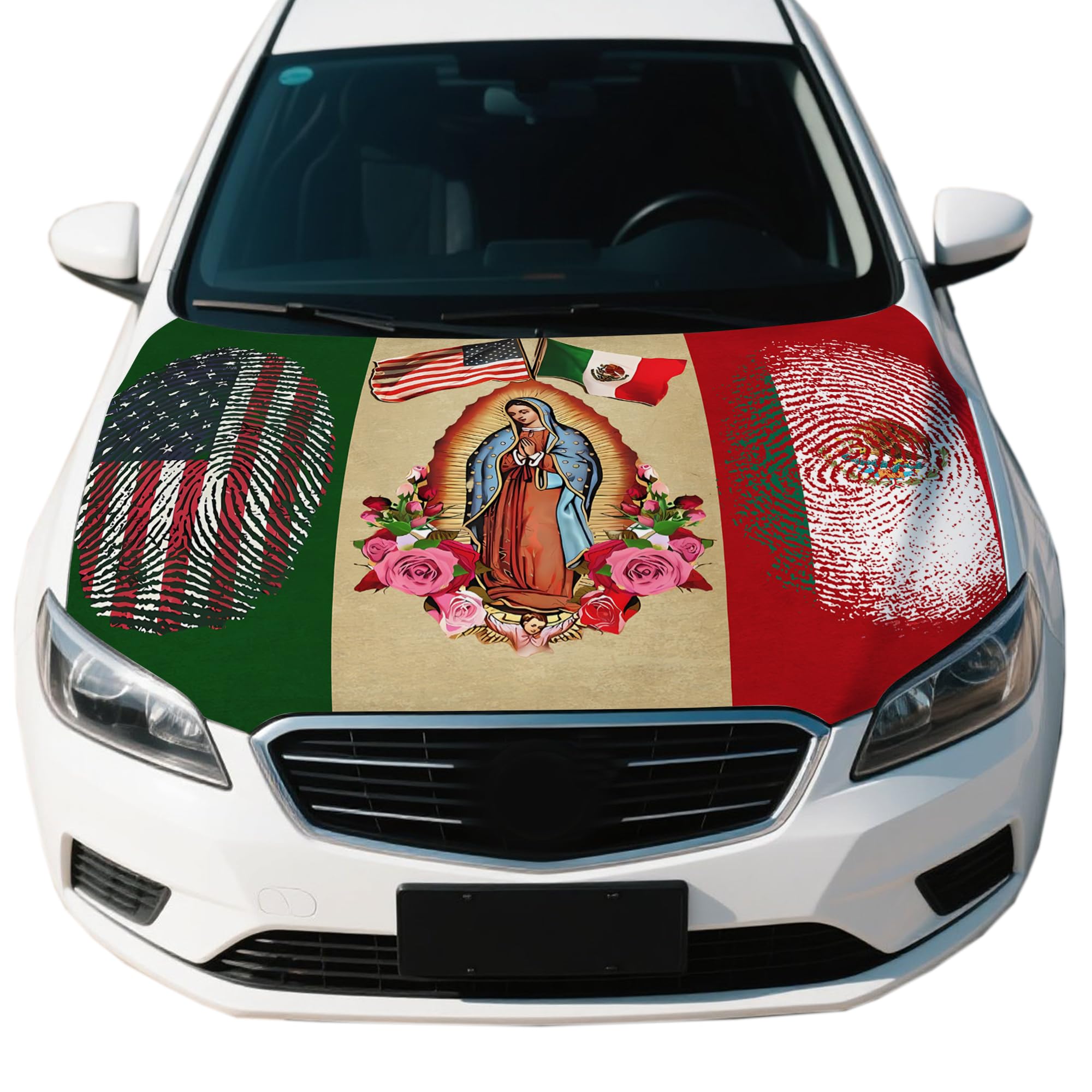 Mexico Our Lady of Guadalupe Flag Car Hood Cover, 4 x 5 Feet Mexico AME rica Friendshi[p, Elastic Fabric, Vehicle Bonnet Banner