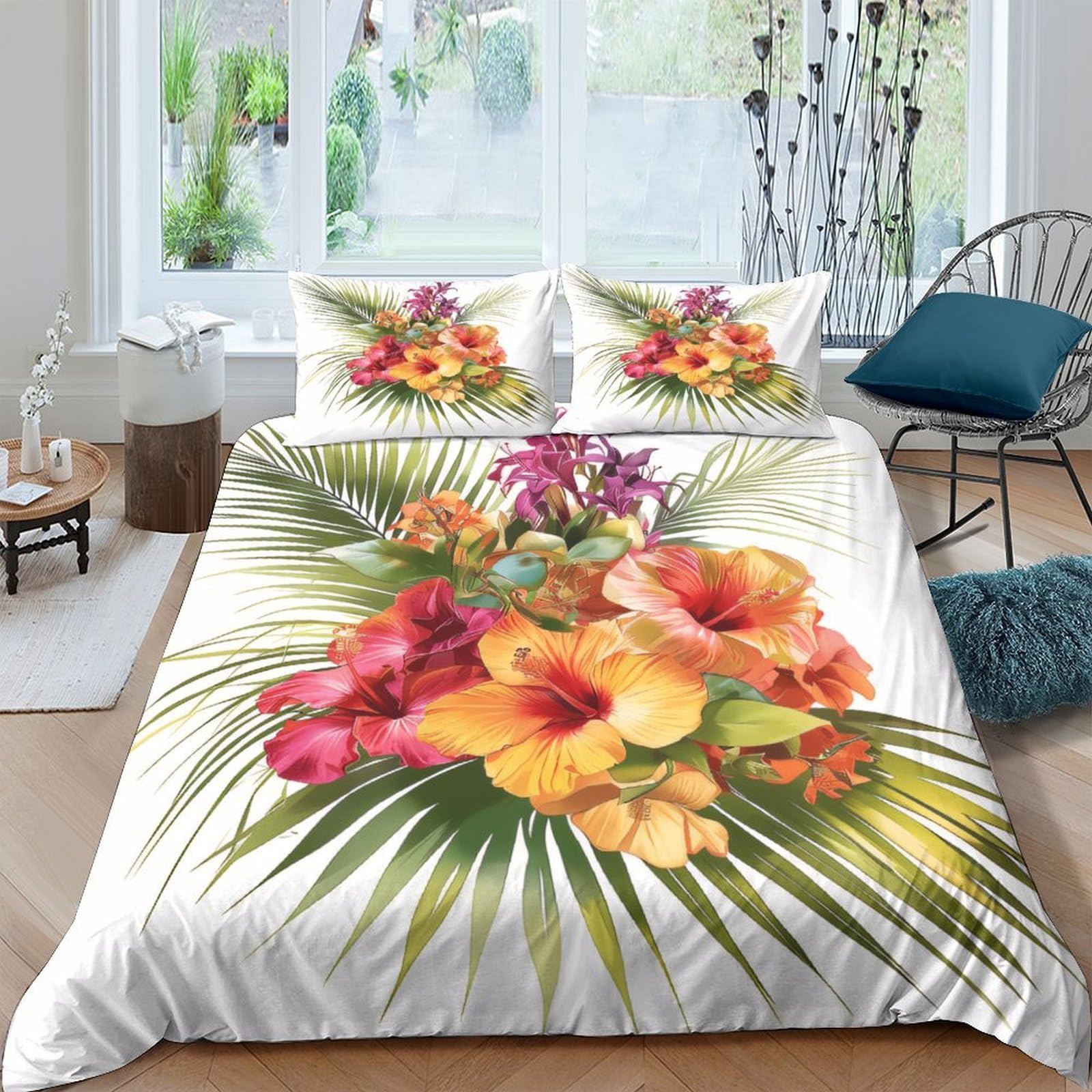 Ctjqhvkz Style-1 3D Printed Tropical Hibiscus Fitted Sheet Microfiber Soft Floral Palm Leaves Mattress Cover For Bedroom Guest Room Decor Single（135X200cm）