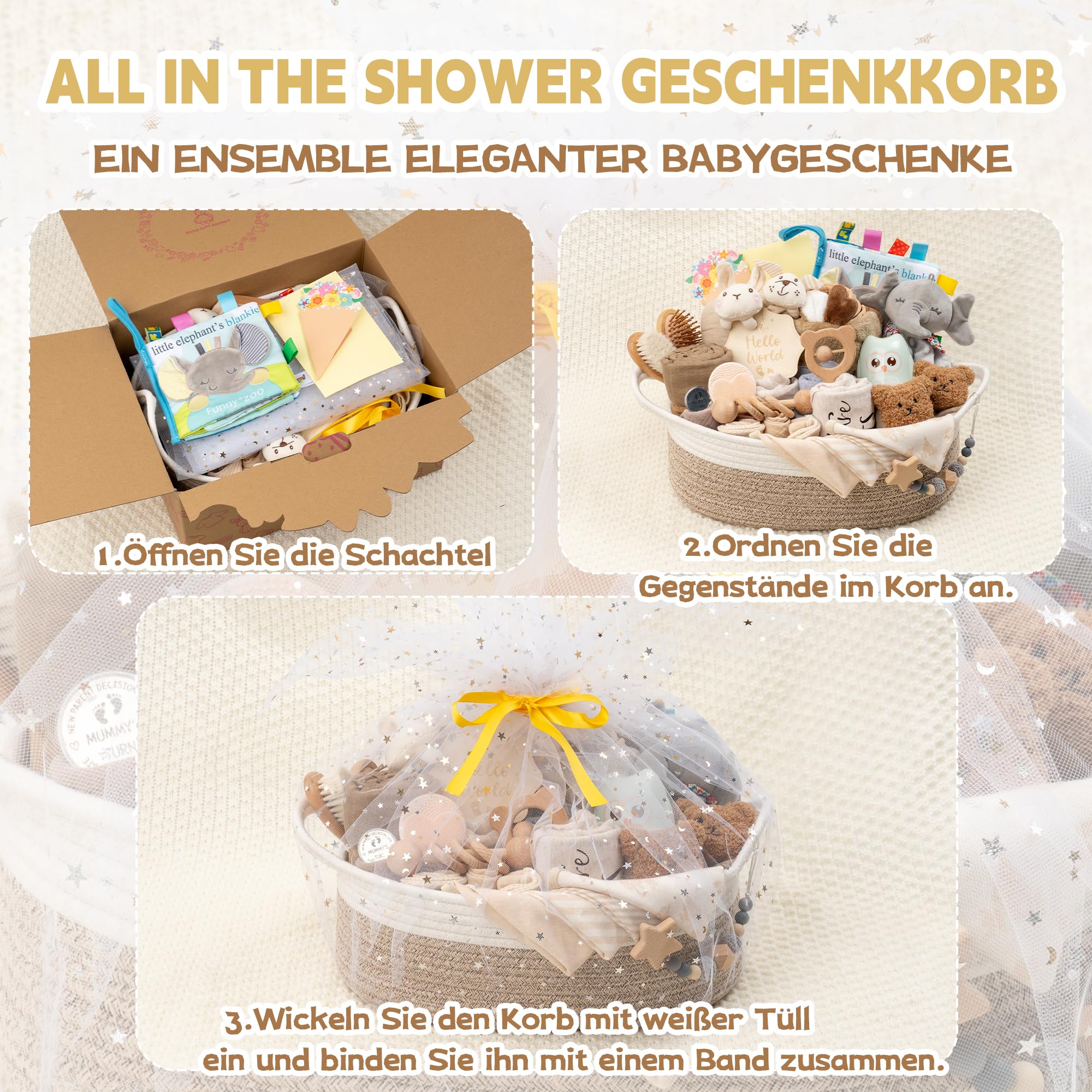 Regalo de bebé de 30 piezas - Cesta de regalo grande, ideal como regalo de recién nacido para niños y niñas. Incluye: toalla de baño con capucha, juego de bebé, peluche, sonajero, peine y tarjeta de