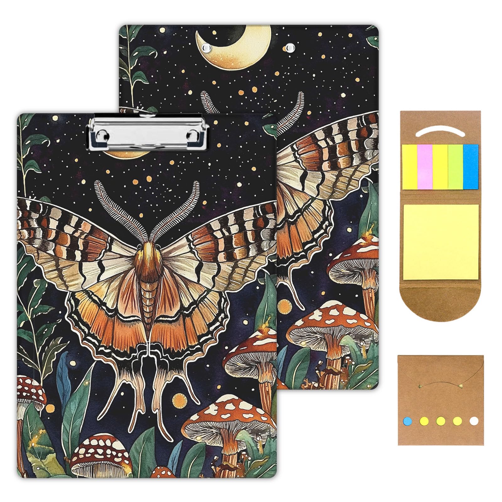 KUJKBFWJ Acrylic Clipboards with Sticky Note, A4 Letter Size Durable Cute Clip Board 9x12.5, for Students, Nursing, School and Office, with Low Profile Clip & Hanging Loop, Vintage Night Moth