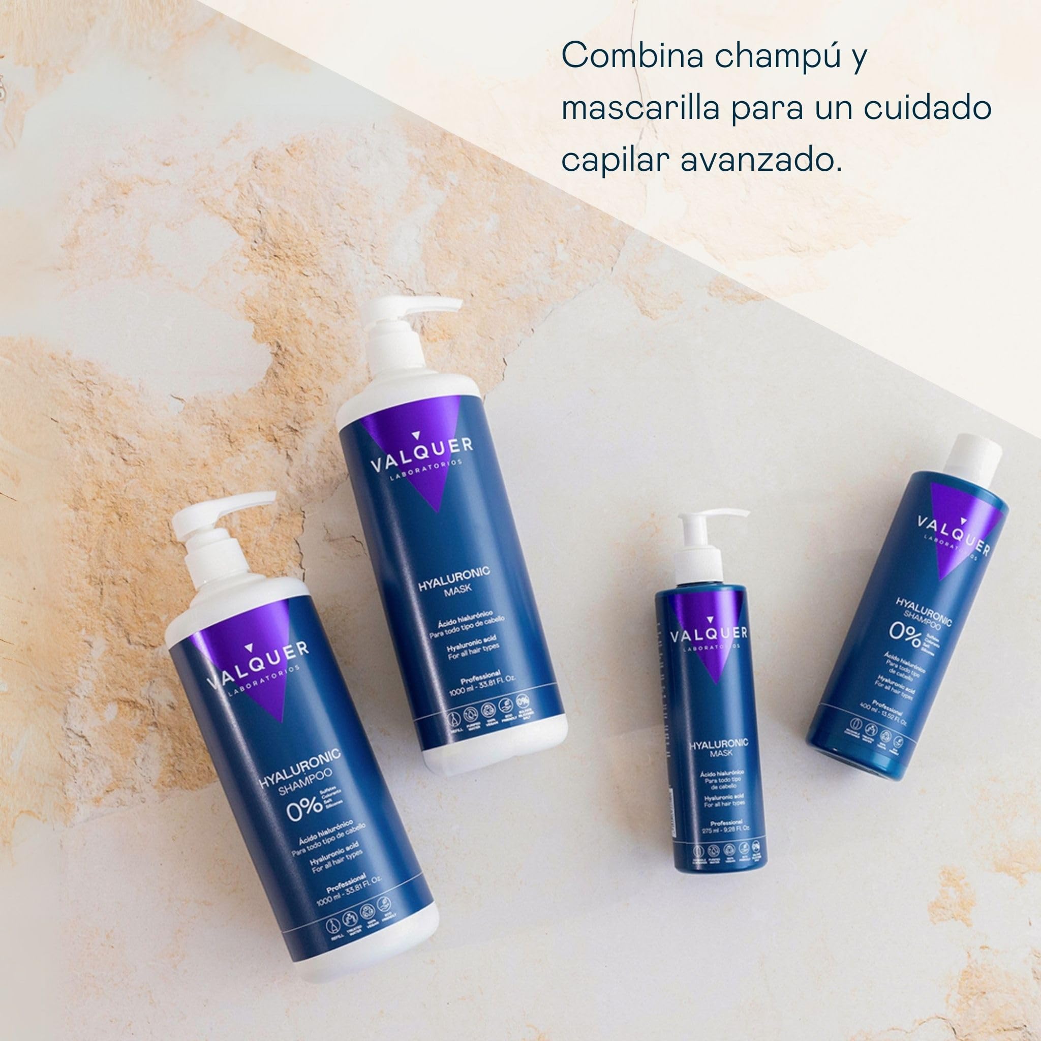 VALQUER Pack Ácido Hialurónico Champú Reparador y Mascarilla Capilar Fórmula Zero | Hidrata y Protege el Cabello Dañado y Seco con Aloe Vera y Keratina | Para Todo tipo de pelo | 1 L + 975 ml