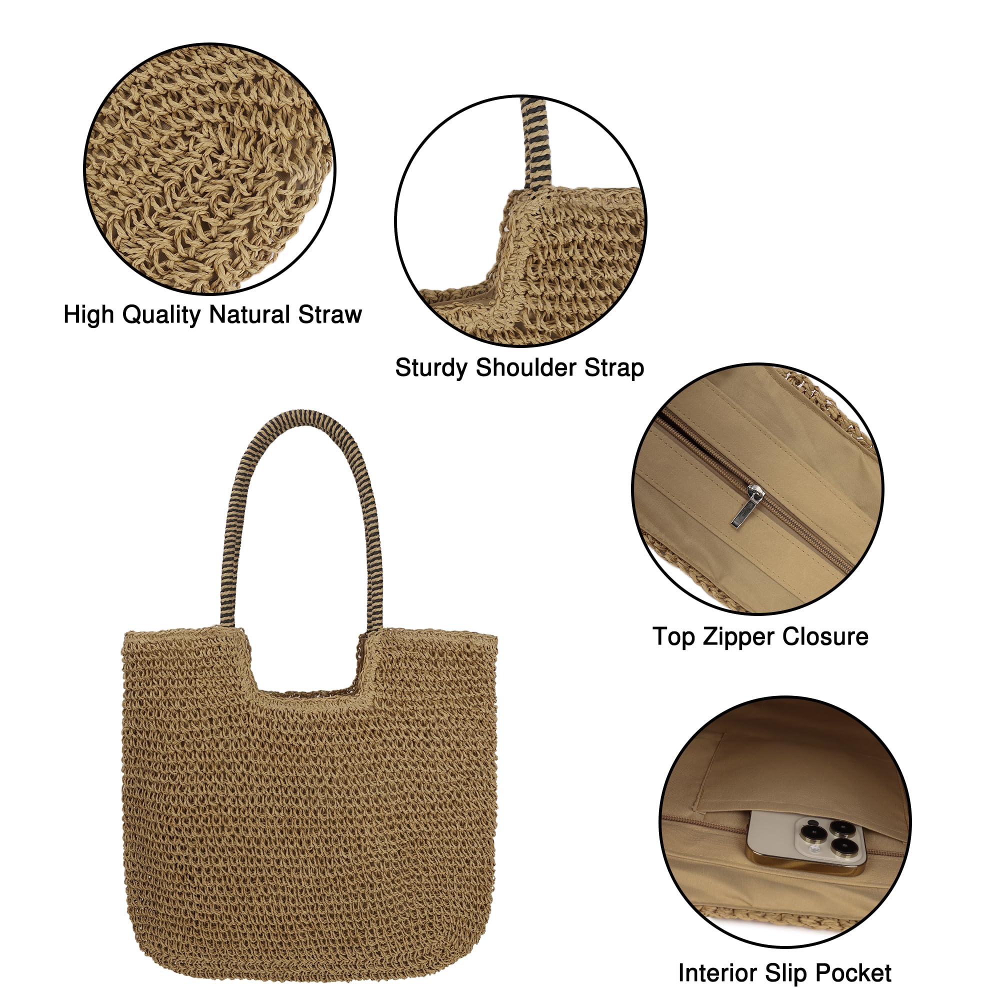 Women Large Straw Beach Bag Handmade Woven Shoulder Bags Hobo Tote Handbag Purse for Summer(B-Brown)