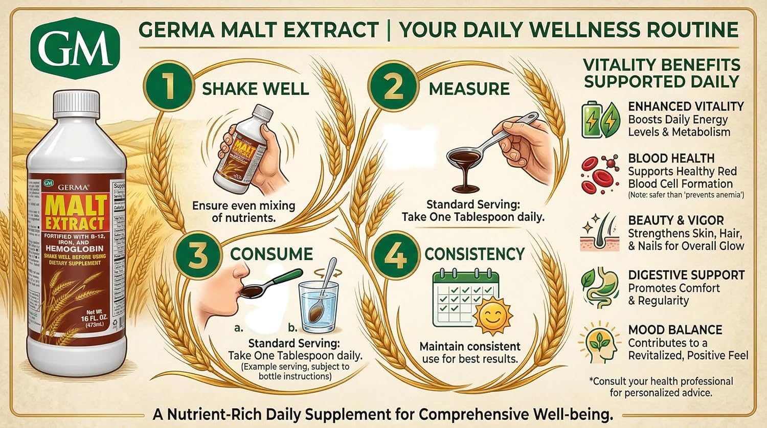 GERMA™ Extracto de Malta 16oz Malt Extract Fortified with B-12 and Iron 2pk