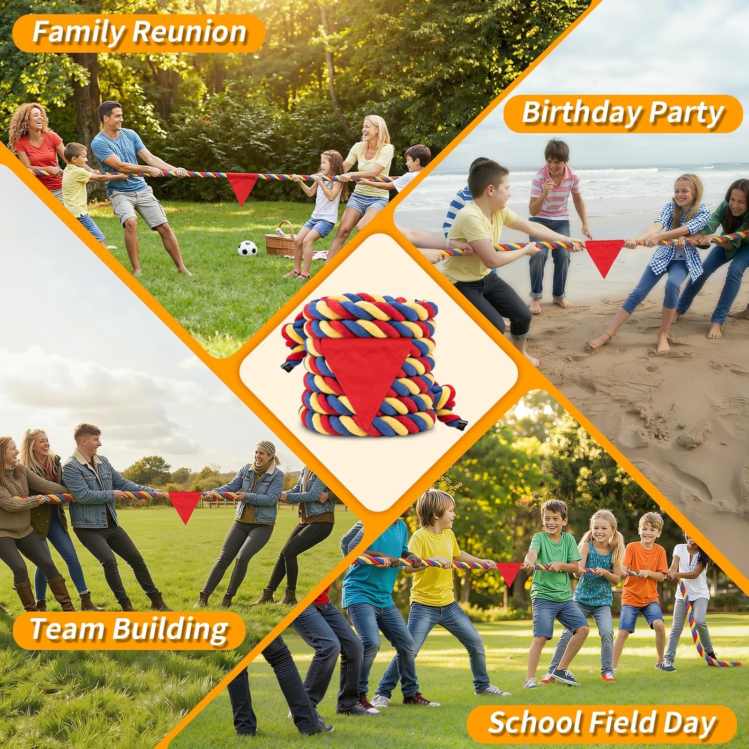 Tug of War Rope for Kids & Adults - 20ft Soft Cotton Outdoor Pulling Rope with Flag for Team Building Activities Field Day Family Reunions Birthday Parties Camping Games