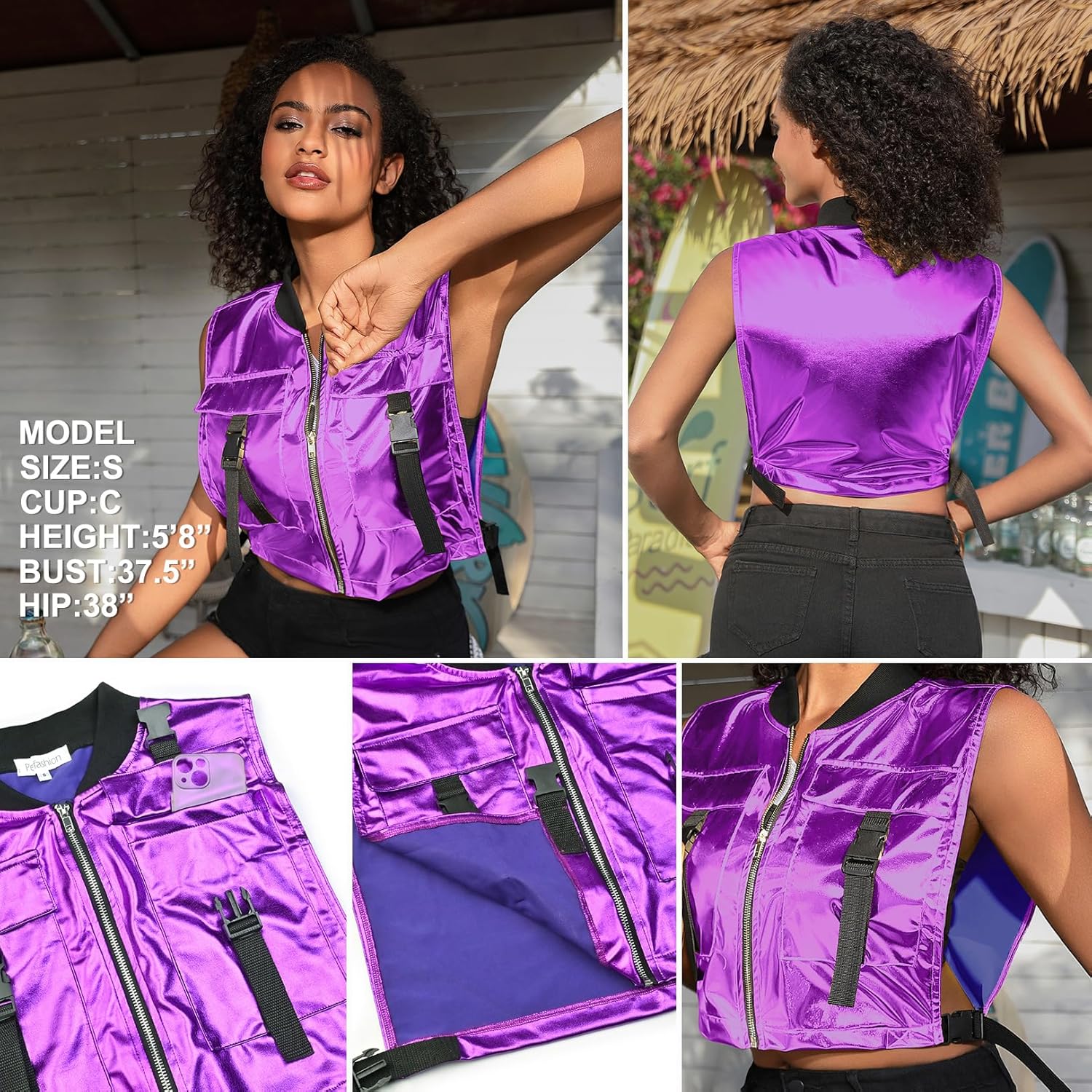 Perfashion Cropped Vest For Women Buckle Zip Up Metallic Cargo Cyberpunk Jacket With Pockets Streetwear Rave Outfit - Image 5