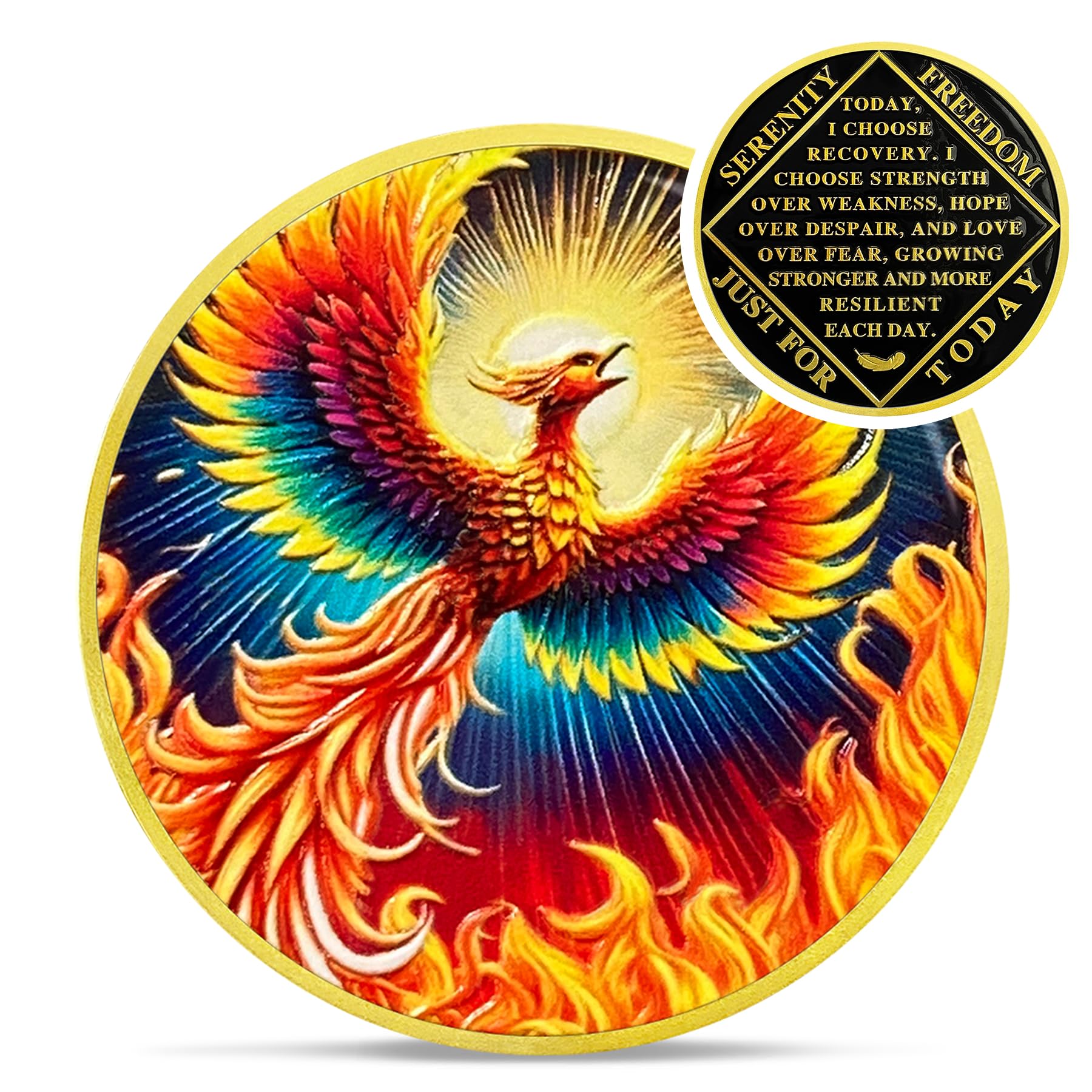 Colorful Sunlight Phoenix Na Medallions - Reborn from Fire Sobriety Coin - Recovery Addiction NA AA Chips and Medallions - Celebrate Living Clean